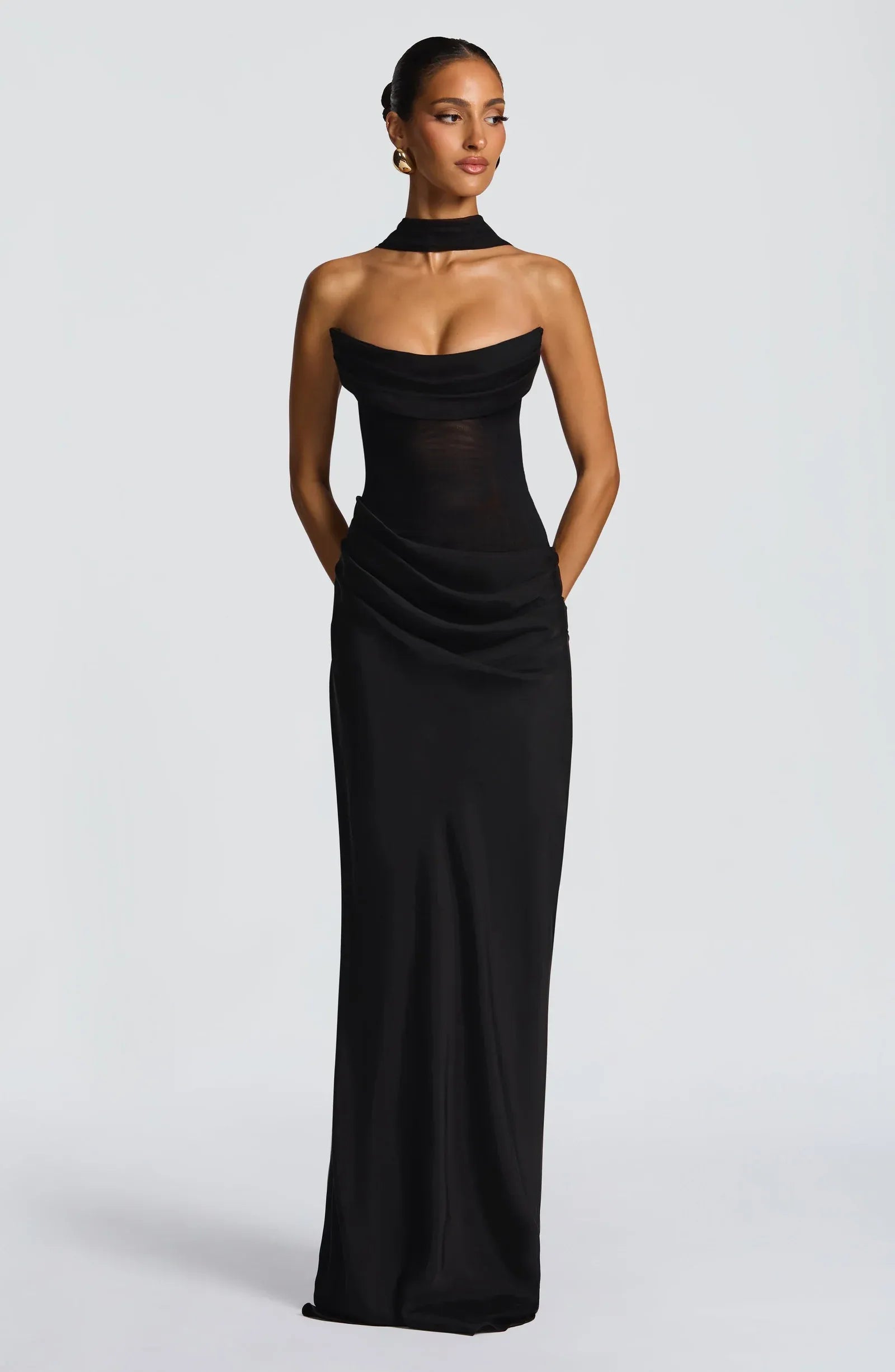 Strapless Cowl Neck Sheer Mesh Choker Sash Black Satin Mermaid Maxi Wedding Guest Dresses