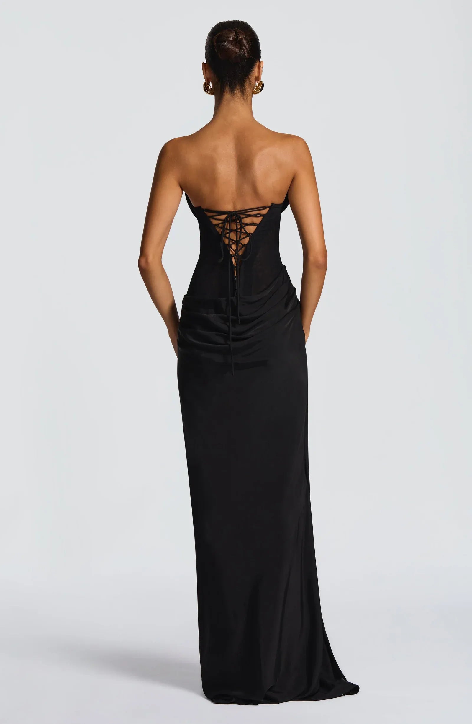 Strapless Cowl Neck Sheer Mesh Choker Sash Black Satin Mermaid Maxi Wedding Guest Dresses