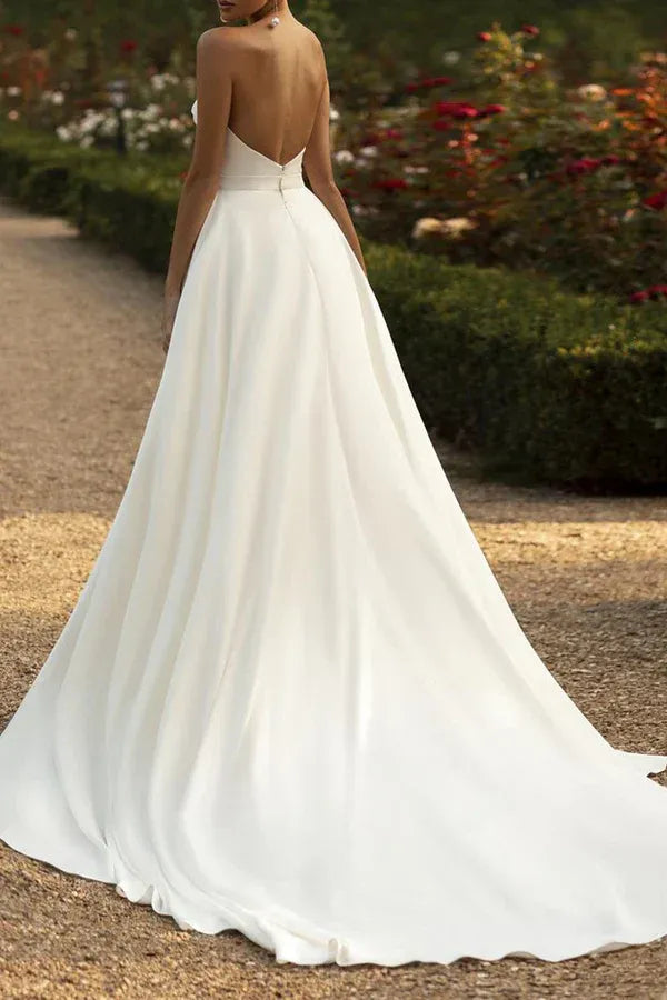 Strapless Cowl Neck Wrap Ruched High Slit Mixed Skirt Satin Simple Wedding Dress