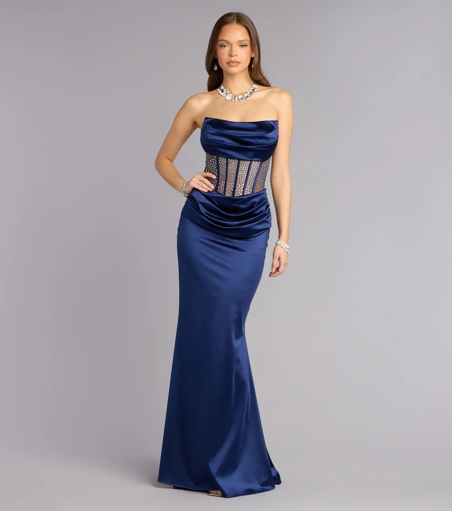 Strapless Cowl Sheer Rhinestone Corset Lace-Up-Back Satin Mermaid Maxi Wedding Guest Dress