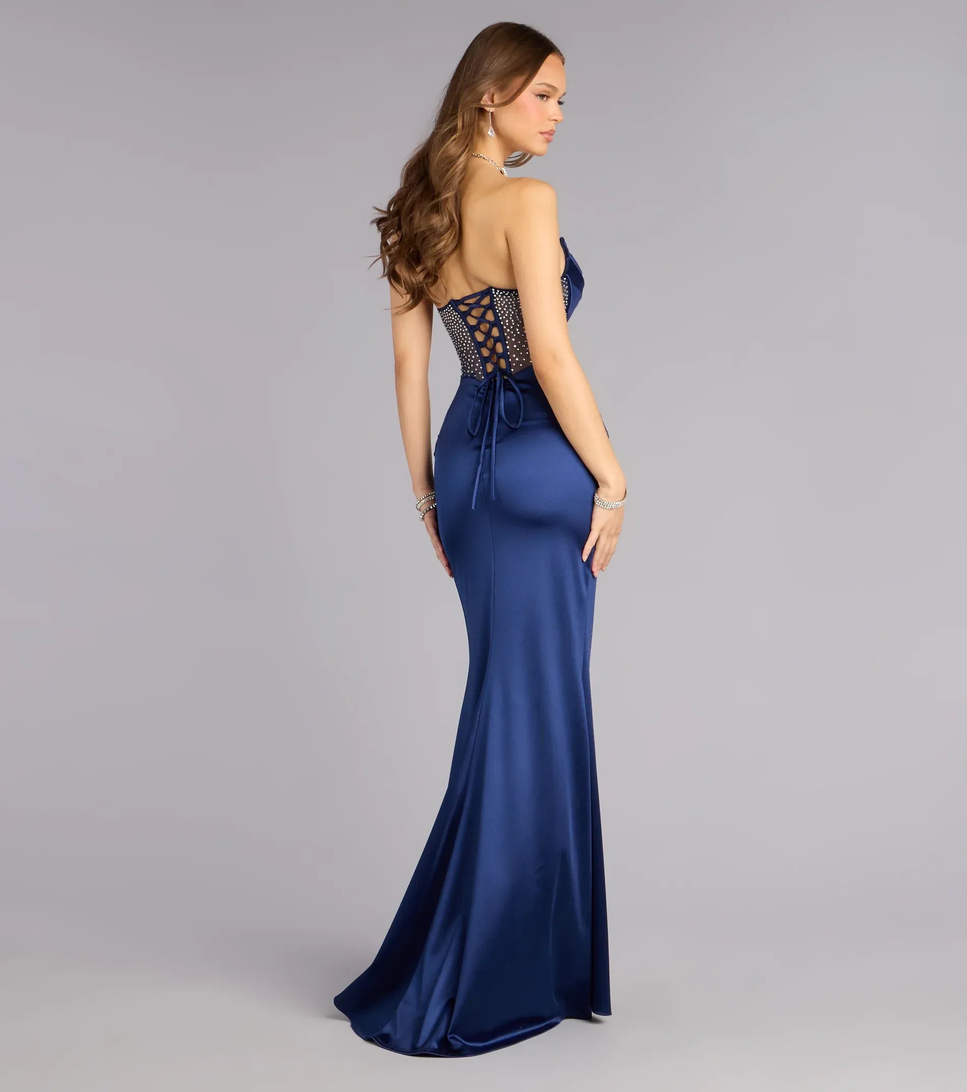 Strapless Cowl Sheer Rhinestone Corset Lace-Up-Back Satin Mermaid Maxi Wedding Guest Dress