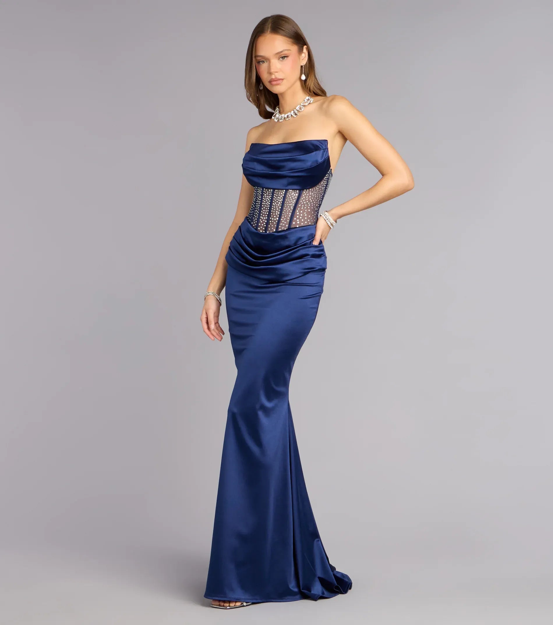 Strapless Cowl Sheer Rhinestone Corset Lace-Up-Back Satin Mermaid Maxi Wedding Guest Dress