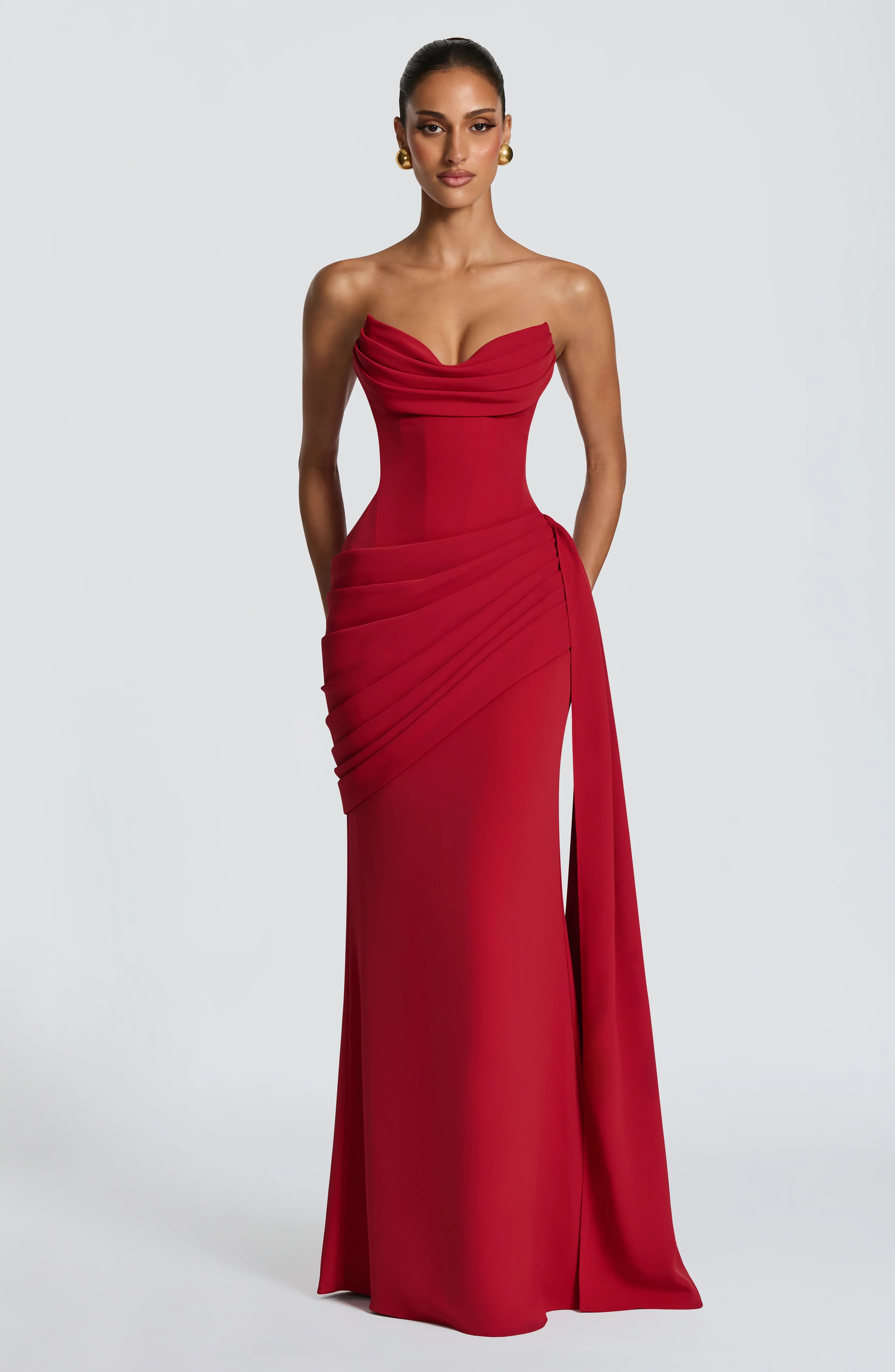 Strapless Cowl Sweetheart Bodice Draped Waist Sash Train Red Crepe Mermaid Maxi Wedding Guest Dresses