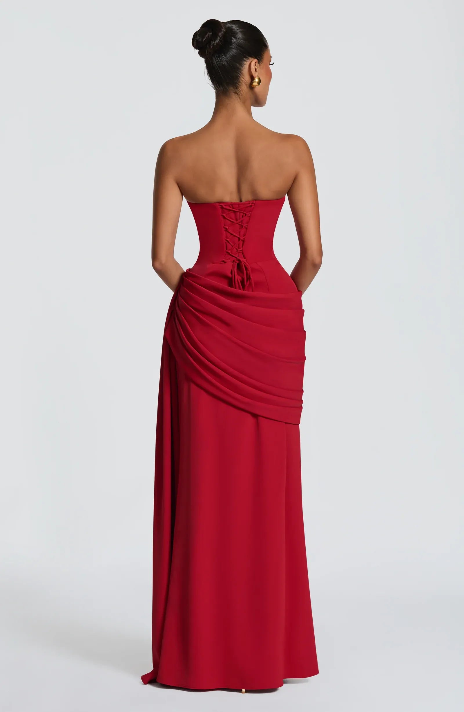 Strapless Cowl Sweetheart Bodice Draped Waist Sash Train Red Crepe Mermaid Maxi Wedding Guest Dresses