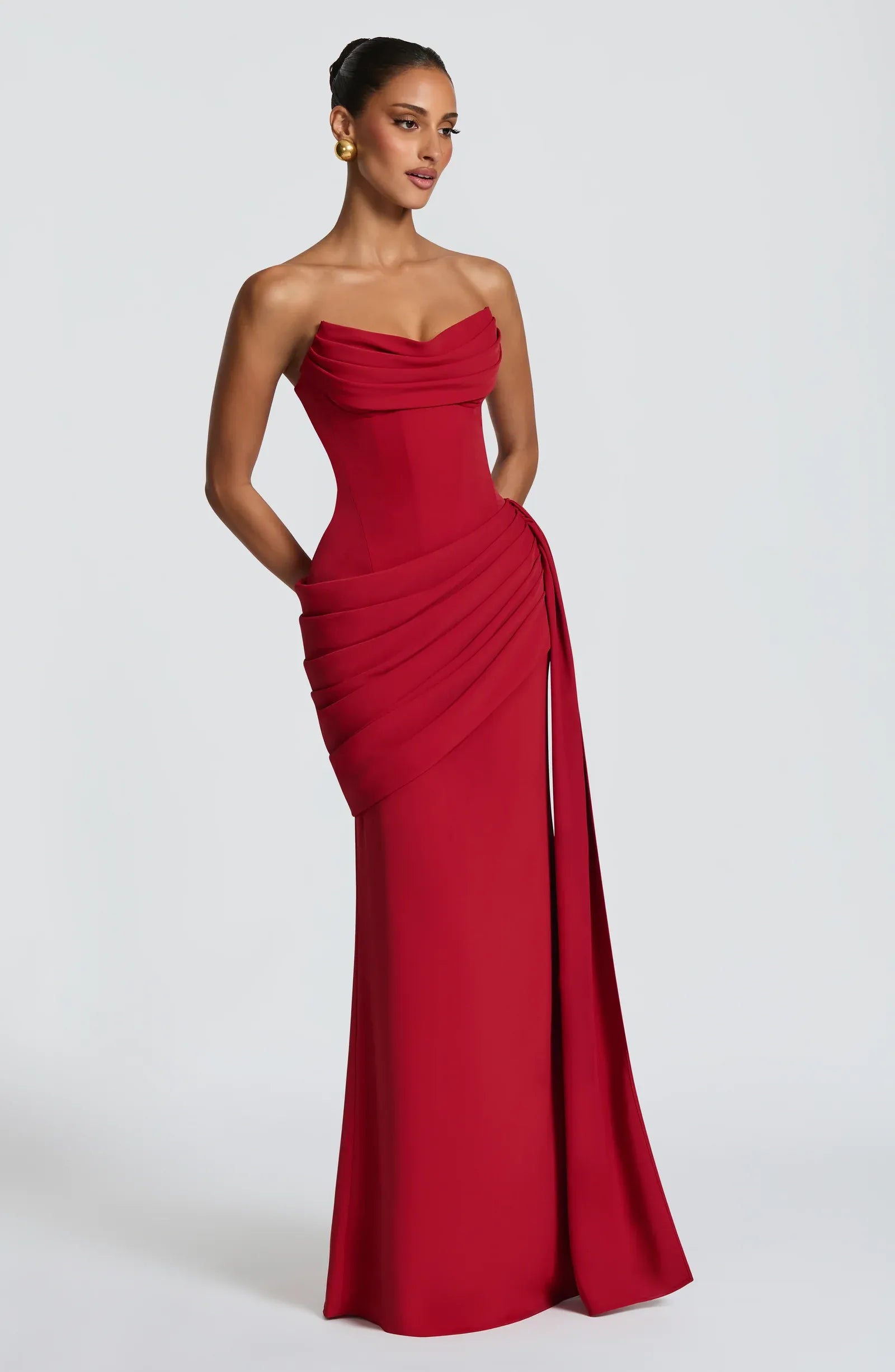 Strapless Cowl Sweetheart Bodice Draped Waist Sash Train Red Crepe Mermaid Maxi Wedding Guest Dresses