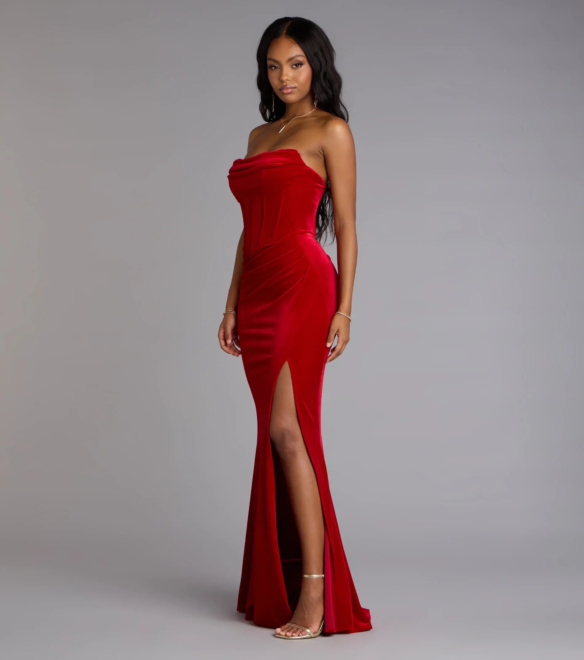 Strapless Draped Cowl Boned Corset Side Ruched High Slit Velvet Mermaid Maxi Wedding Guest Dress