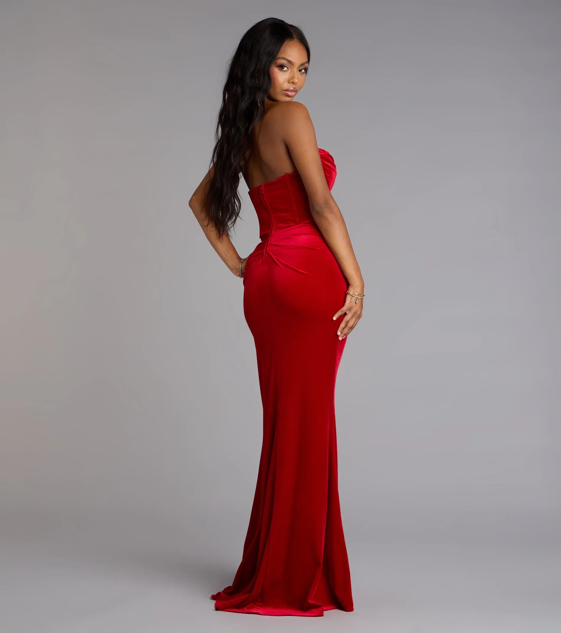 Strapless Draped Cowl Boned Corset Side Ruched High Slit Velvet Mermaid Maxi Wedding Guest Dress