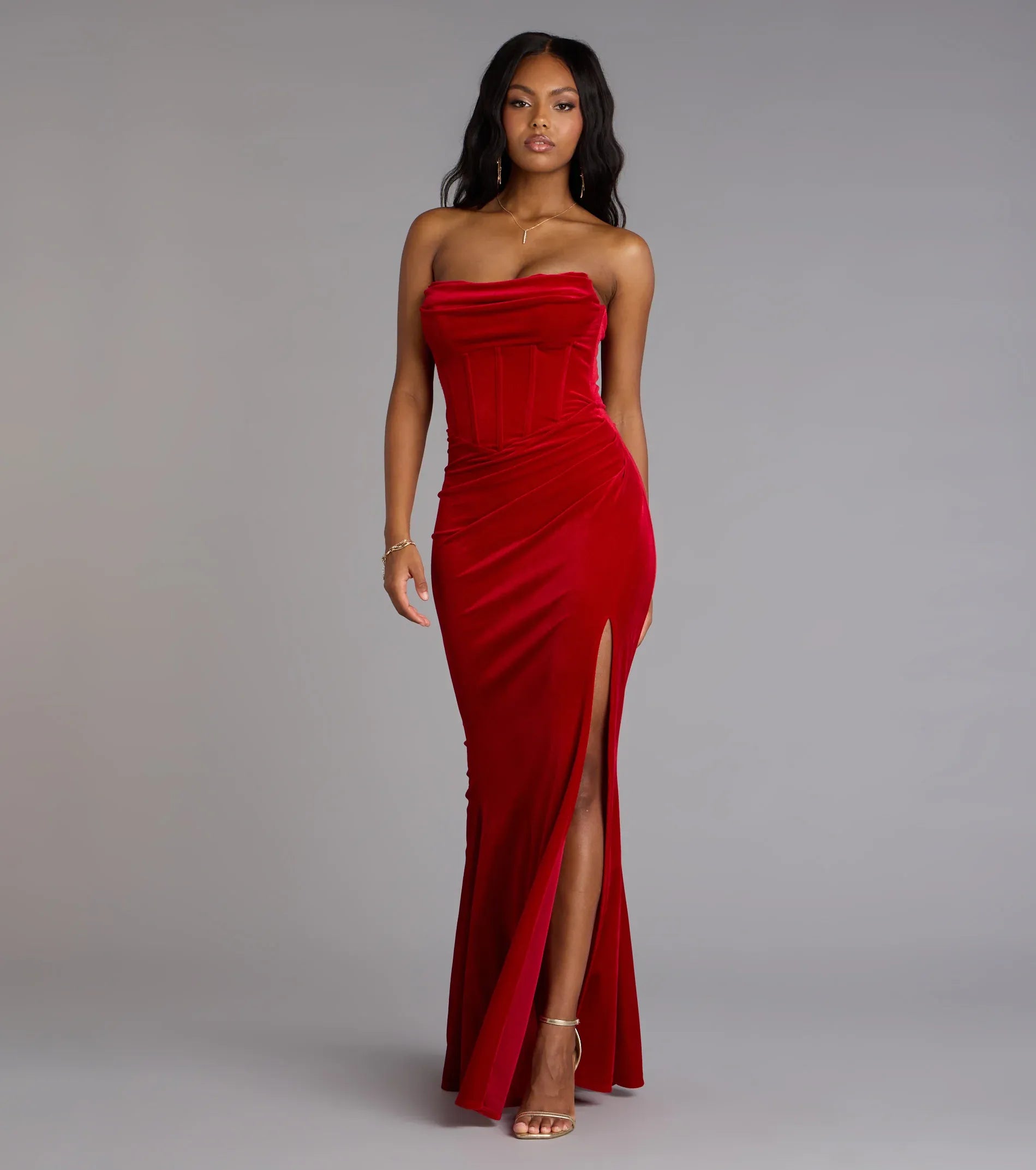 Strapless Draped Cowl Boned Corset Side Ruched High Slit Velvet Mermaid Maxi Wedding Guest Dress