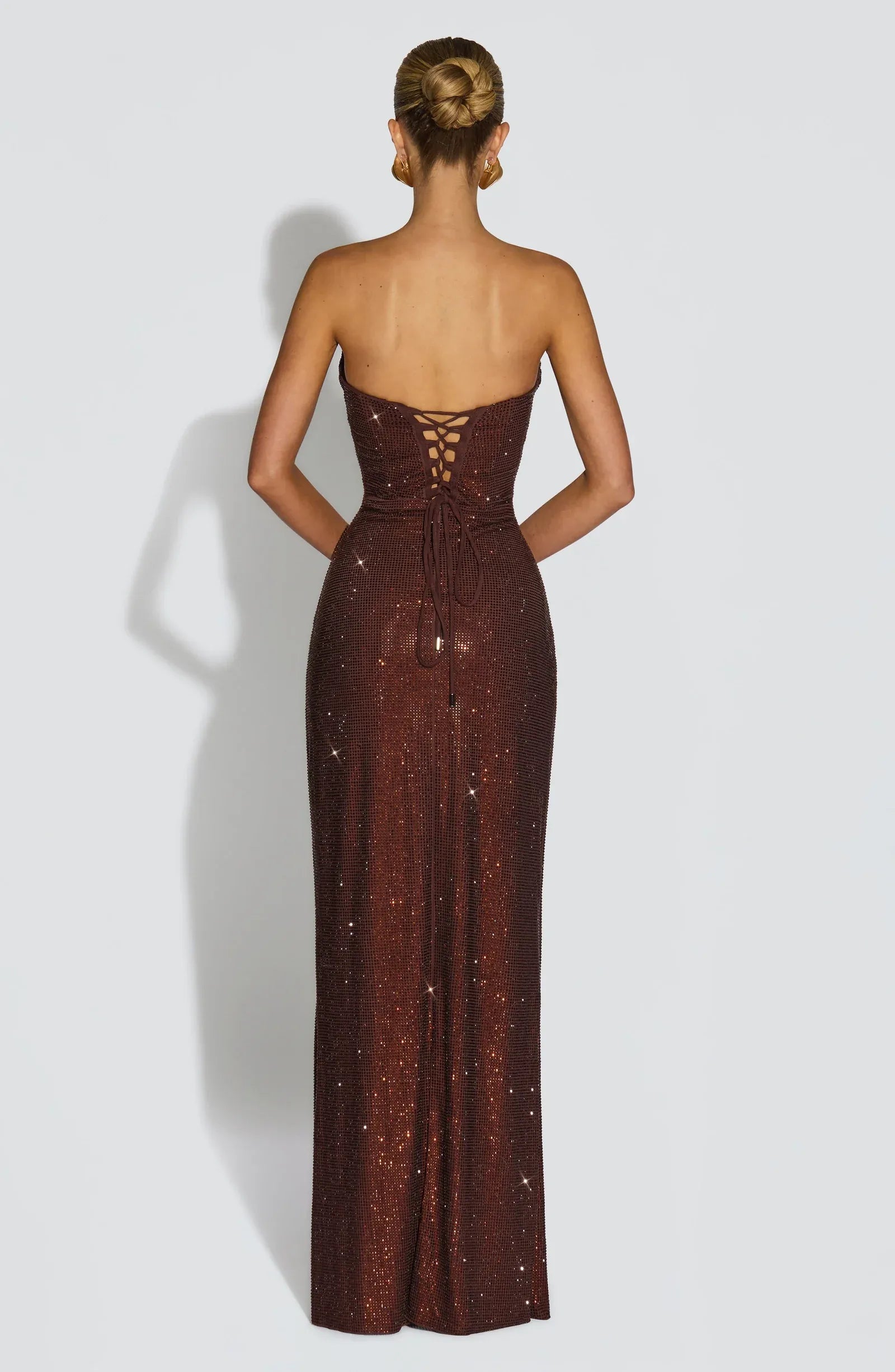Strapless Draped Cowl Neck Back Lace Up Glitter Dark Brown Mermaid Maxi Wedding Guest Dresses