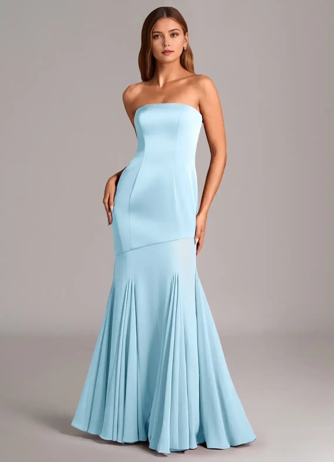 Strapless Fitted Pleated Flare Mermaid Satin Long Bridesmaid Dress