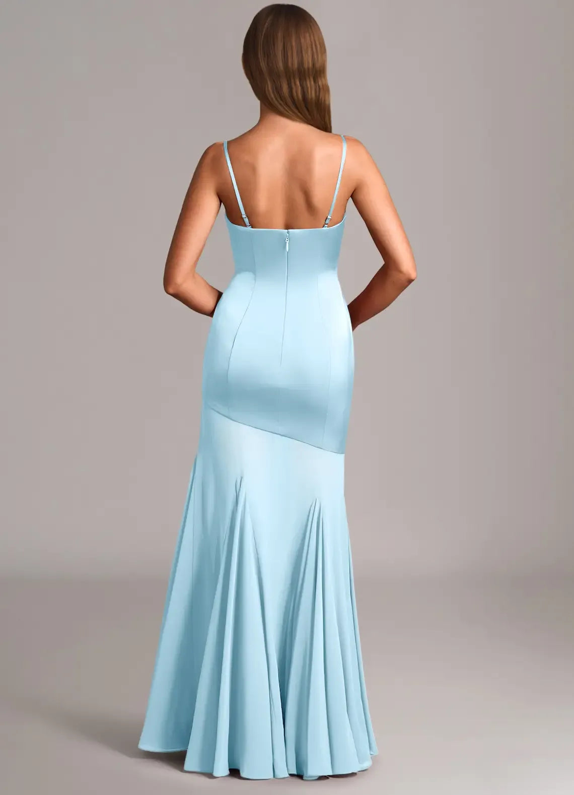 Strapless Fitted Pleated Flare Mermaid Satin Long Bridesmaid Dress