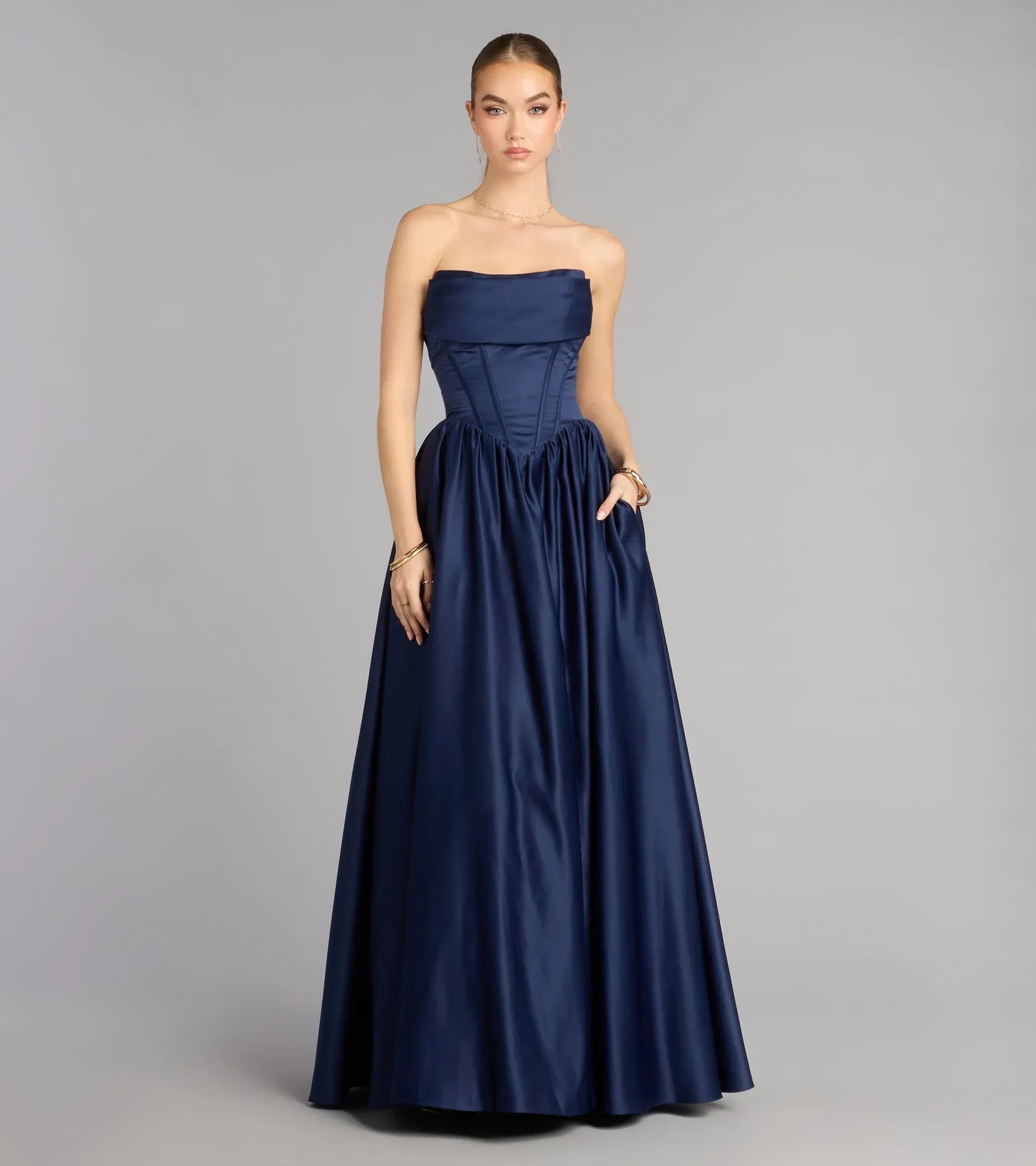 Strapless Fold Over Corset Lace-Up Back Pockets A-Line Satin Maxi Wedding Guest Gown
