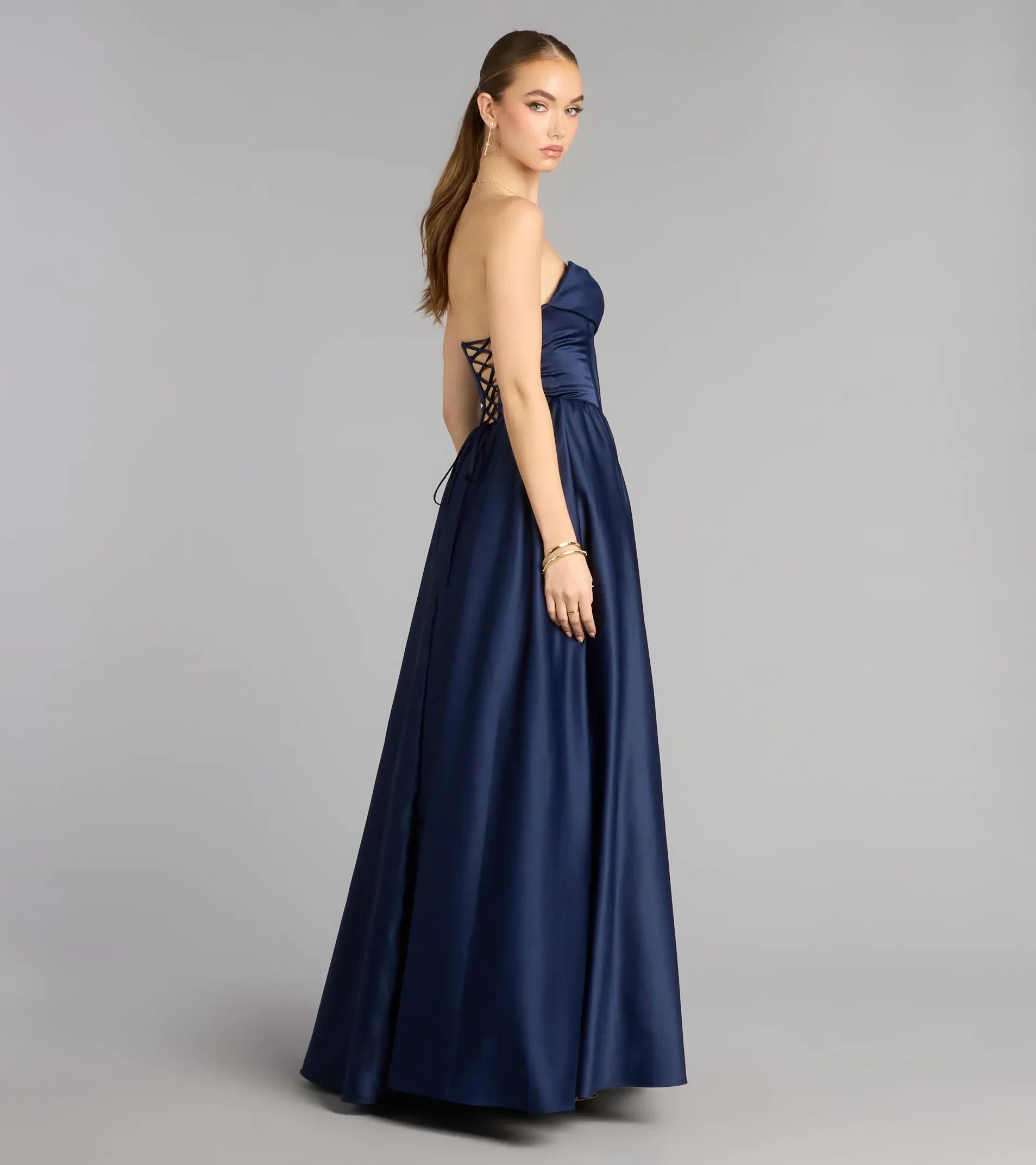 Strapless Fold Over Corset Lace-Up Back Pockets A-Line Satin Maxi Wedding Guest Gown