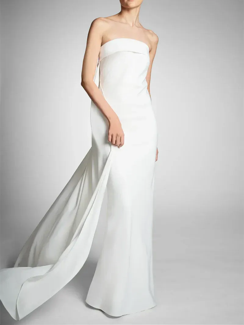 Strapless Fold Tube Top Rhinestone Bow Side Draped Matte Crepe Column Wedding Dress With Train