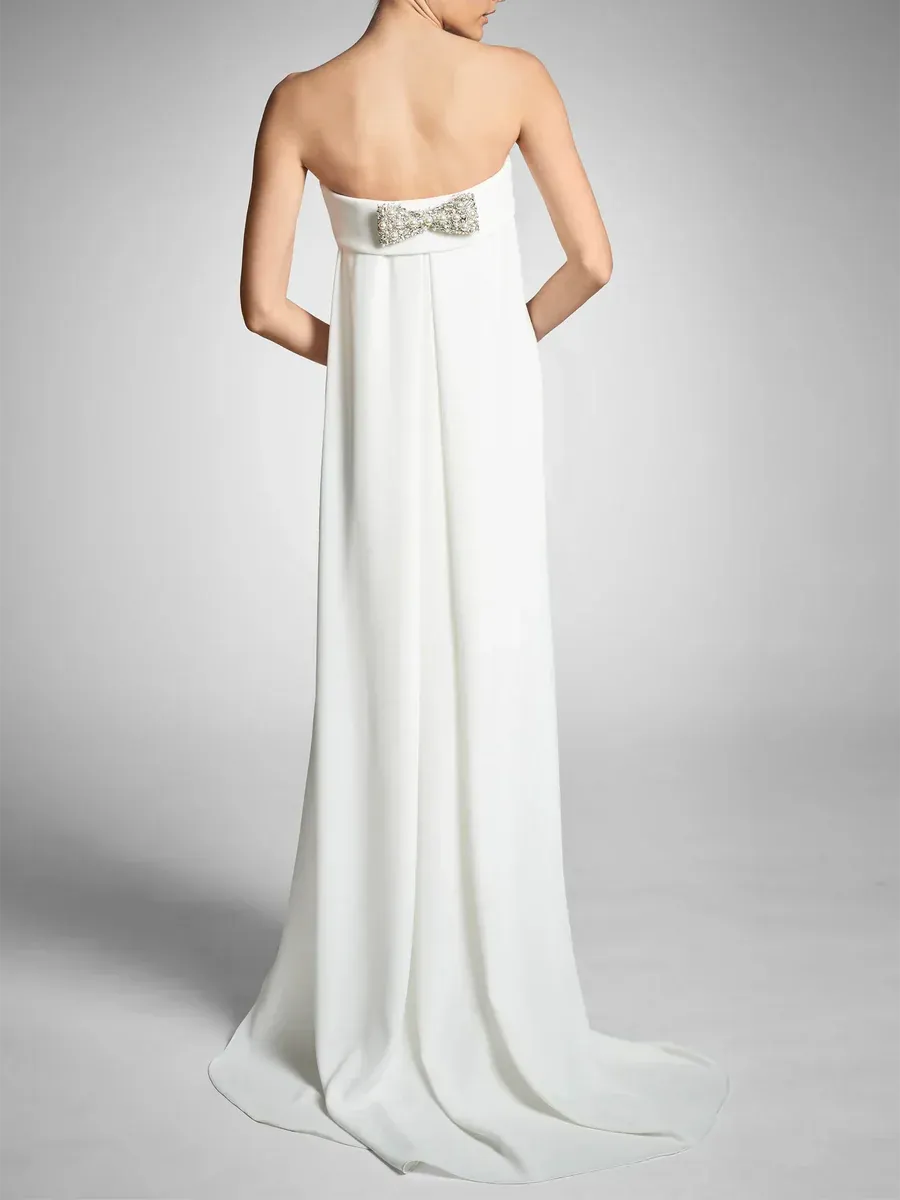Strapless Fold Tube Top Rhinestone Bow Side Draped Matte Crepe Column Wedding Dress With Train