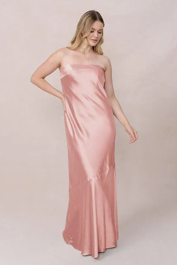 Strapless Back Keyhole Button Detail Mermaid Satin Long Bridesmaid Dress