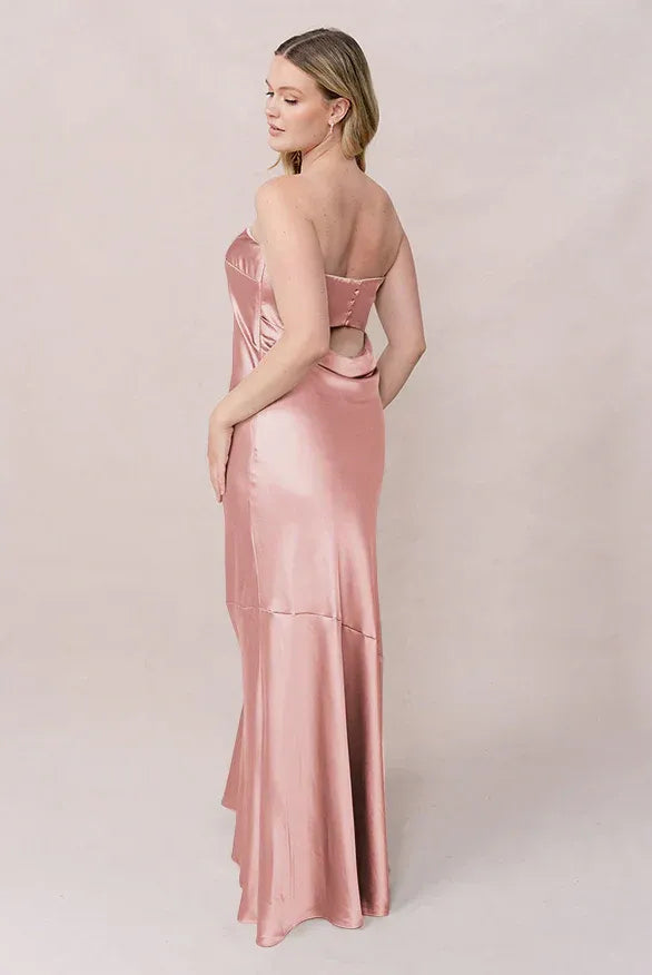 Strapless Back Keyhole Button Detail Mermaid Satin Long Bridesmaid Dress