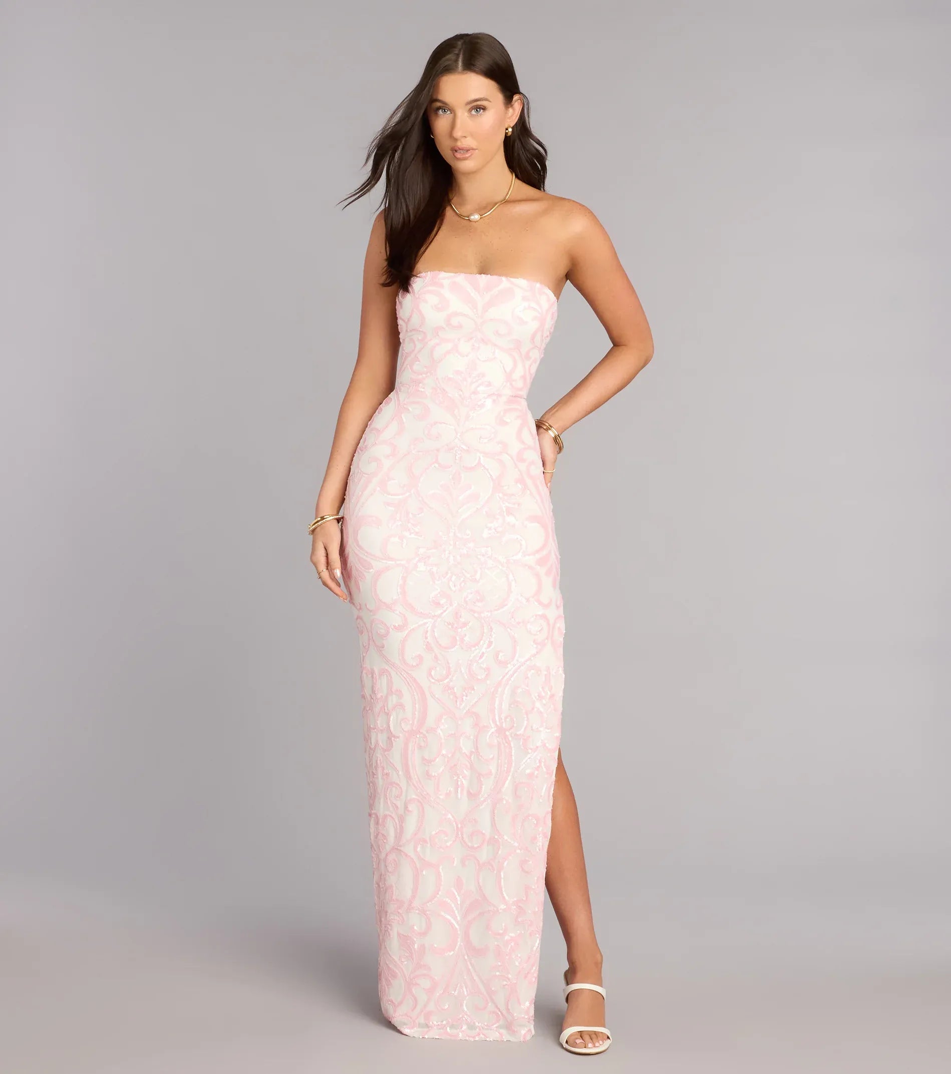 Strapless Lace-Up Back Floral Sequin High-Slit Midi Wedding Guest Dress