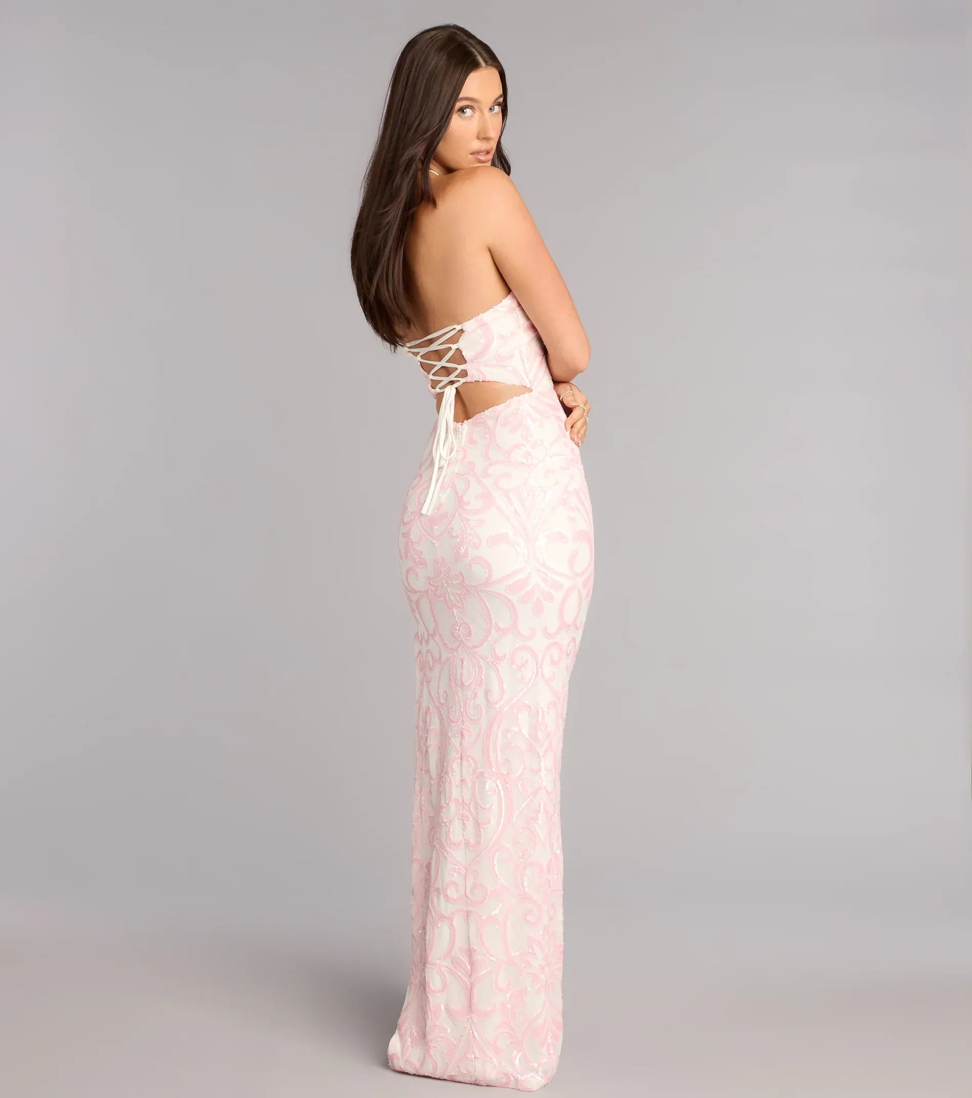 Strapless Lace-Up Back Floral Sequin High-Slit Midi Wedding Guest Dress