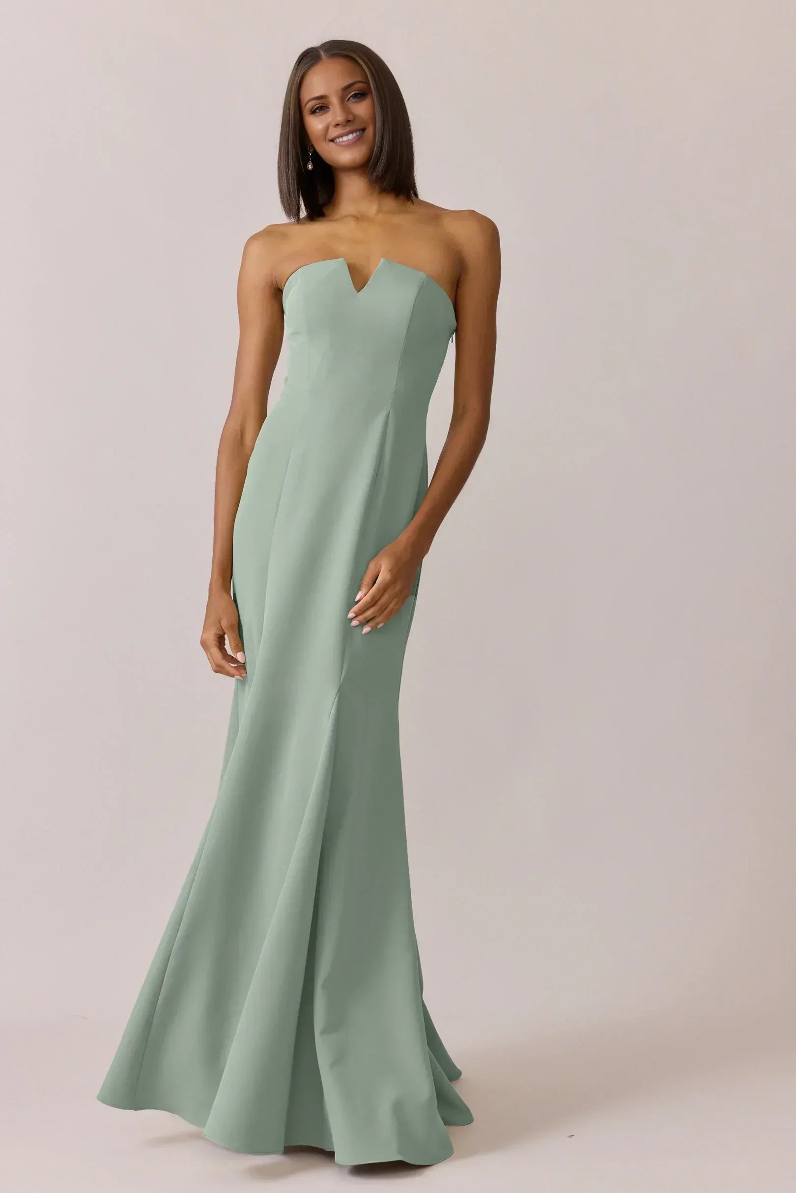 Strapless Notch Neck Solid Mermaid Crepe Long Bridesmaid Dress