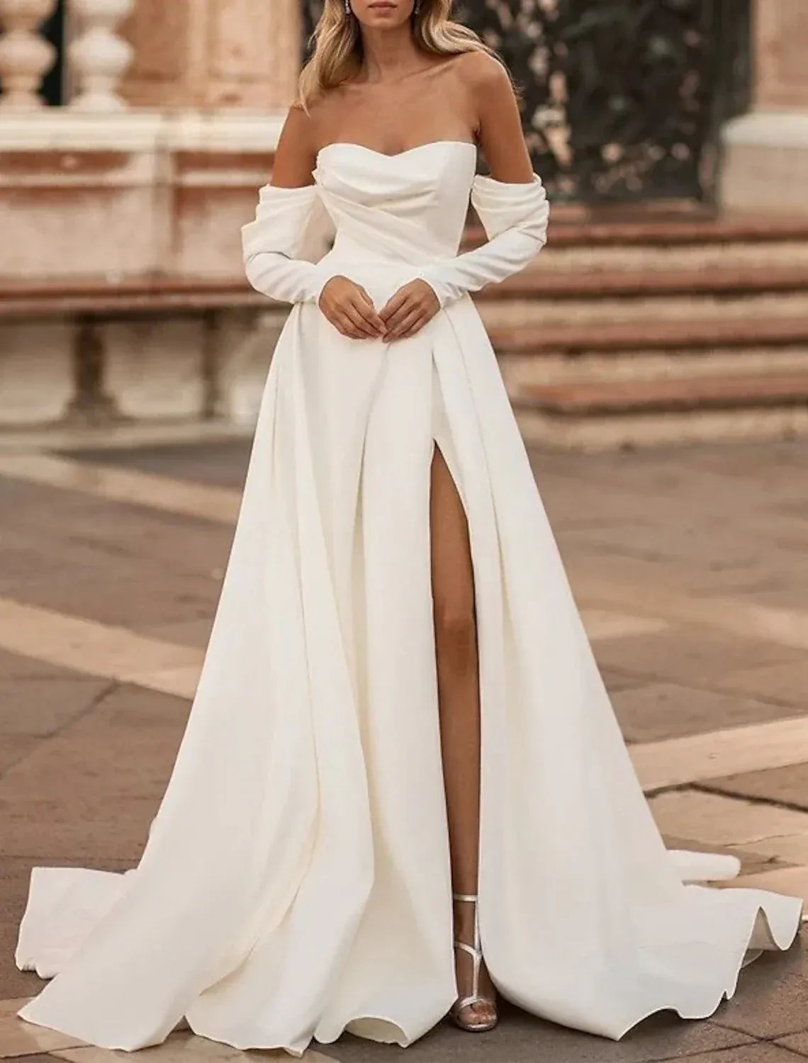 Strapless Off Shoulder Detachable Sleeve Crepe A Line Wedding Dress High Slit Pearl Chapel Train