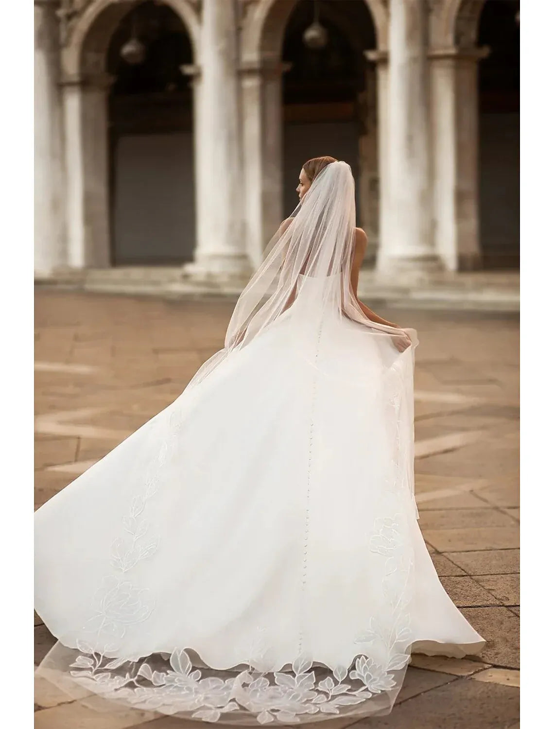Strapless Off Shoulder Detachable Sleeve Crepe A Line Wedding Dress High Slit Pearl Chapel Train