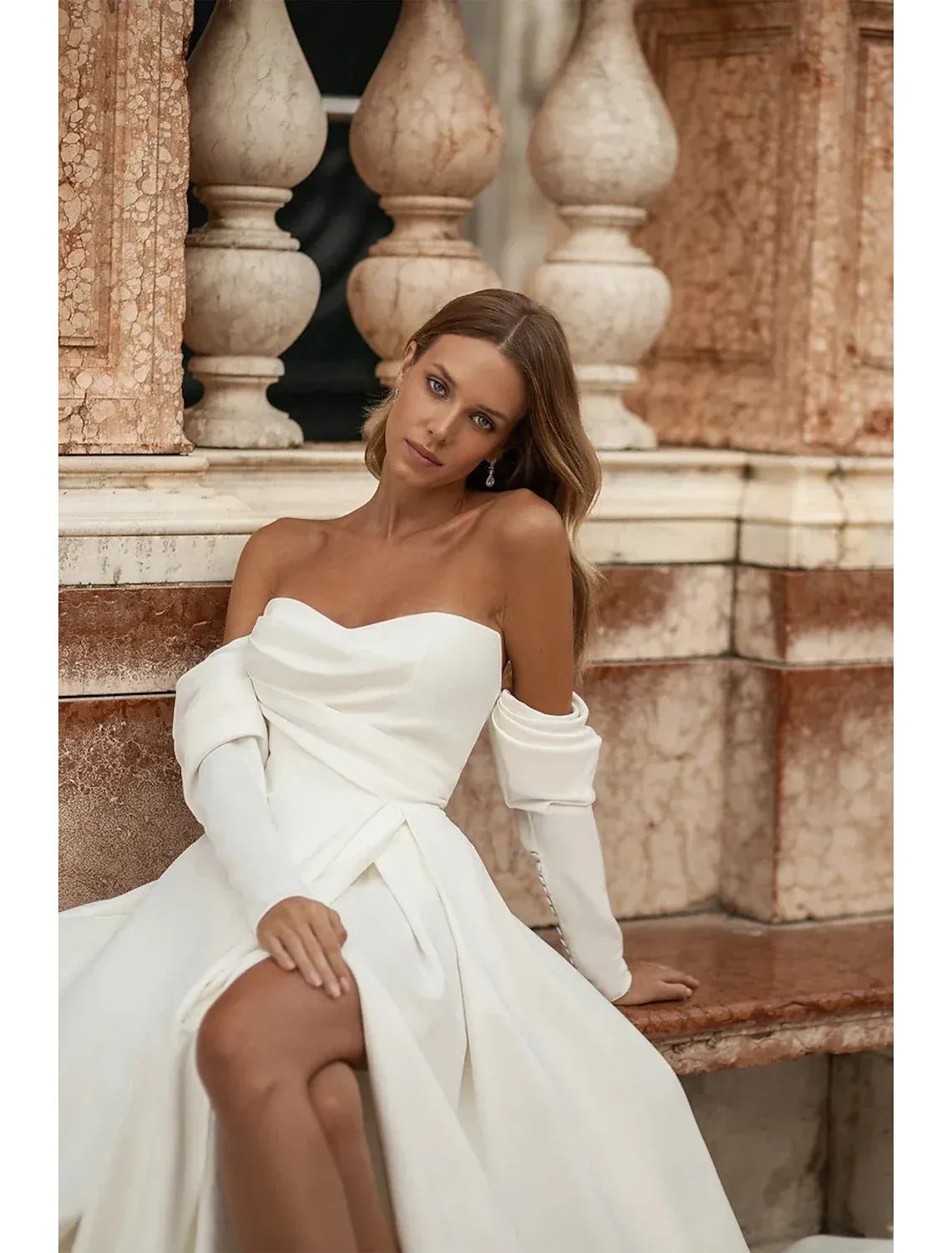 Strapless Off Shoulder Detachable Sleeve Crepe A Line Wedding Dress High Slit Pearl Chapel Train