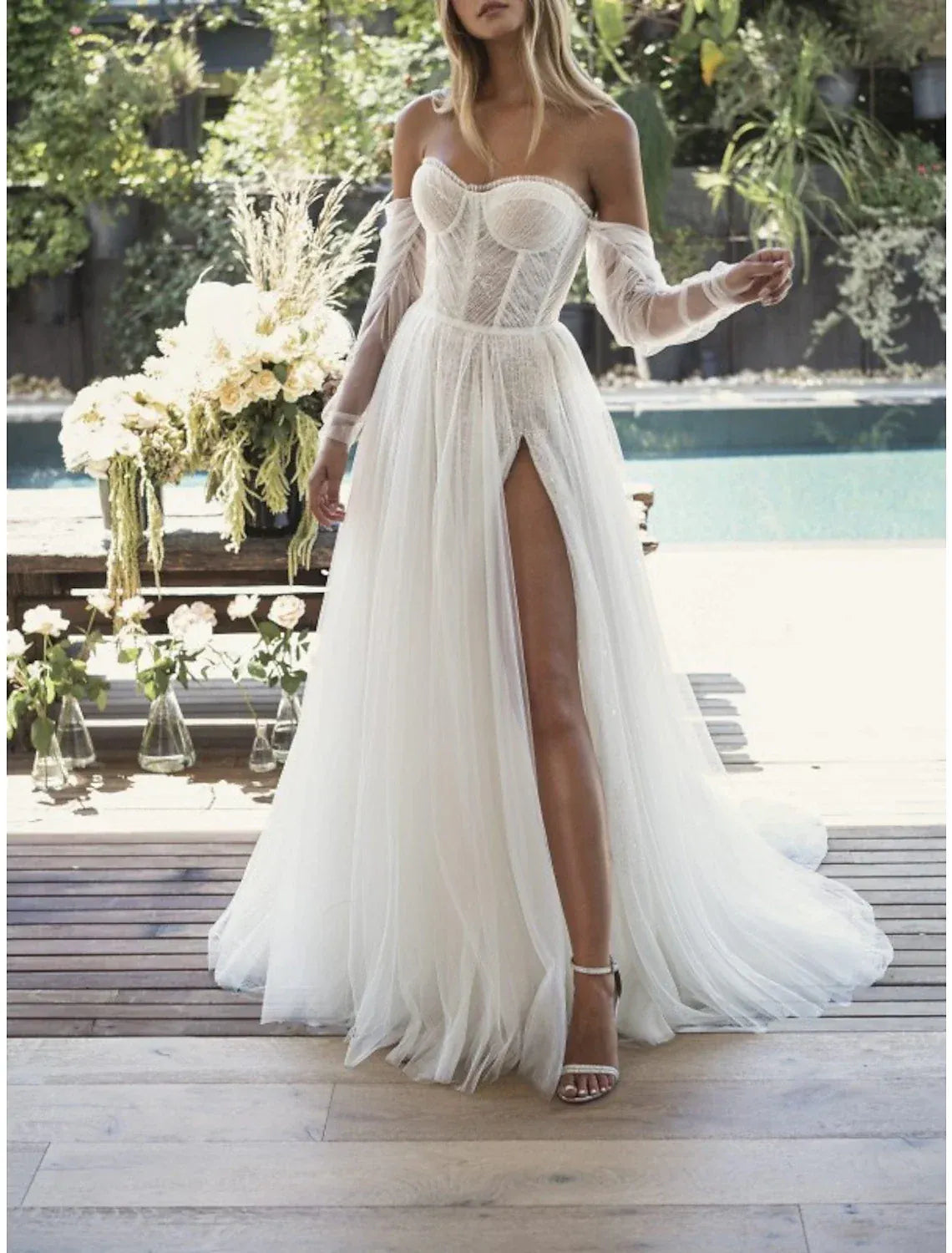 Strapless Off Shoulder Detachable Tulle Sleeve Corset Tulle Wedding Dress High Slit Chapel Train
