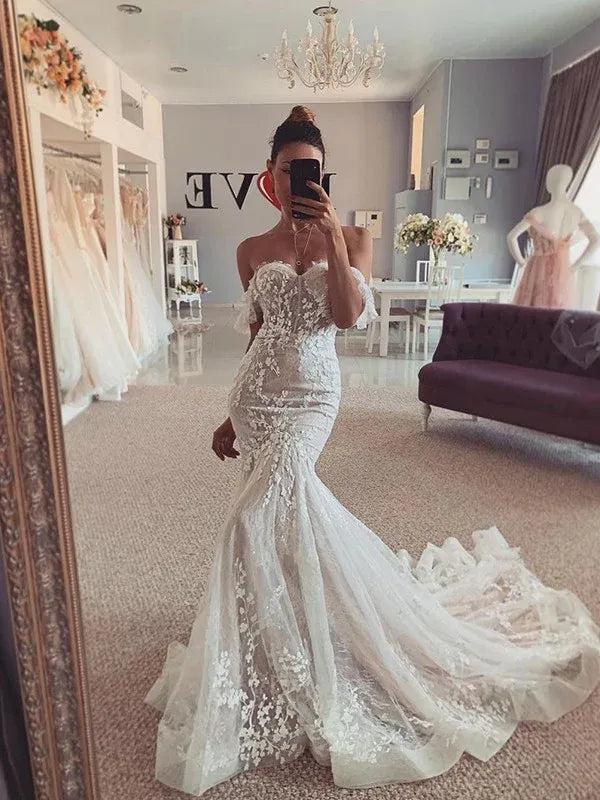 Strapless Off‑the‑Shoulder Floral‑Lace Tulle Mermaid Wedding Dress With Sweep Train