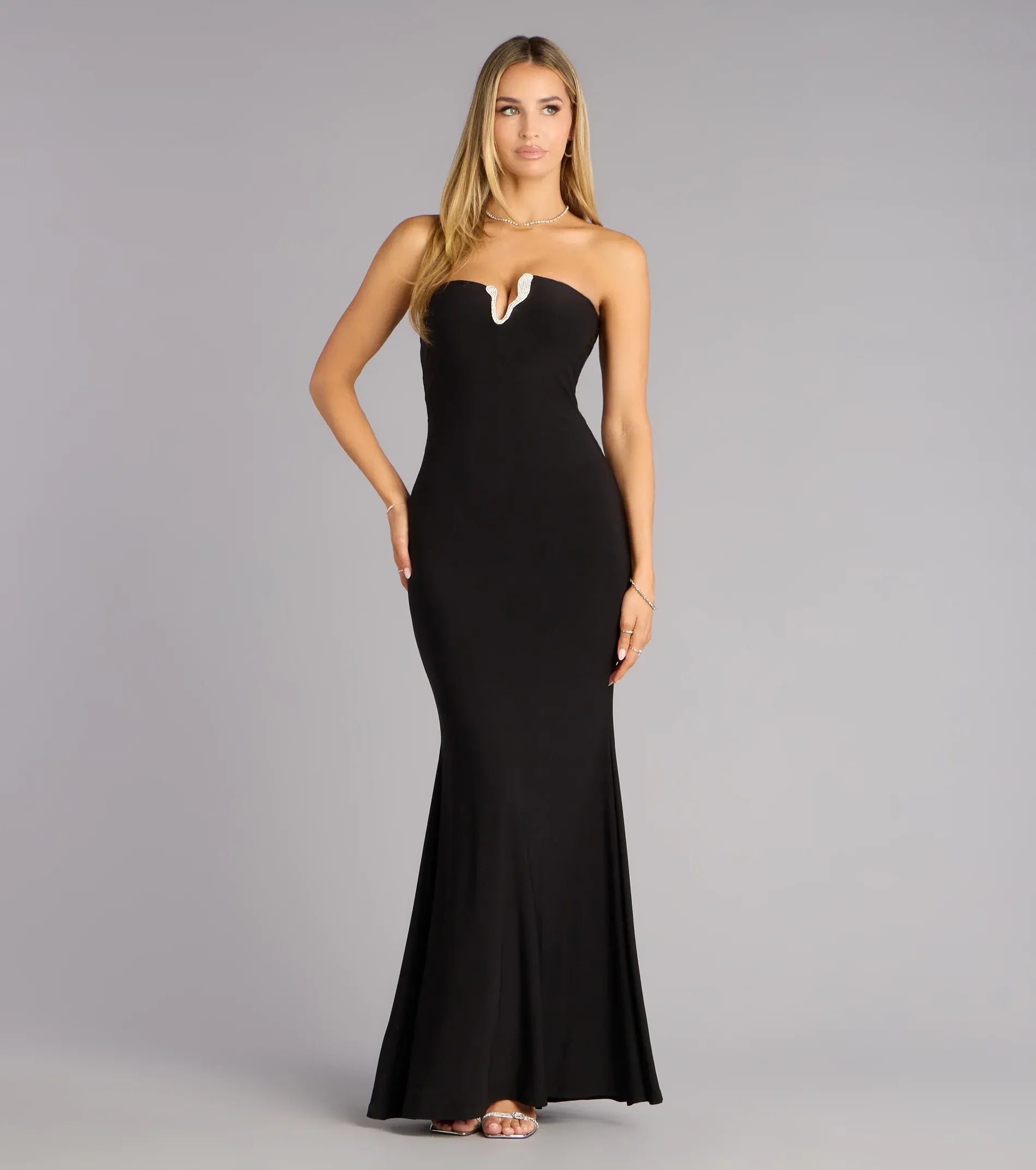 Strapless Rhinestone Notch Open Back Mermaid Maxi Wedding Guest Dress