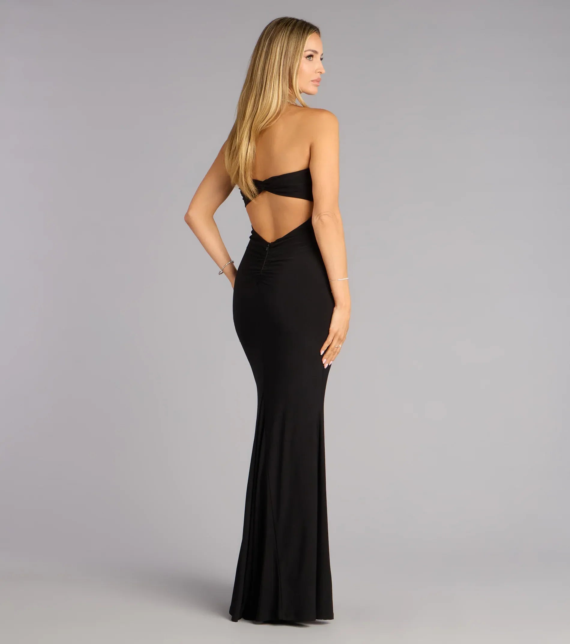 Strapless Rhinestone Notch Open Back Mermaid Maxi Wedding Guest Dress