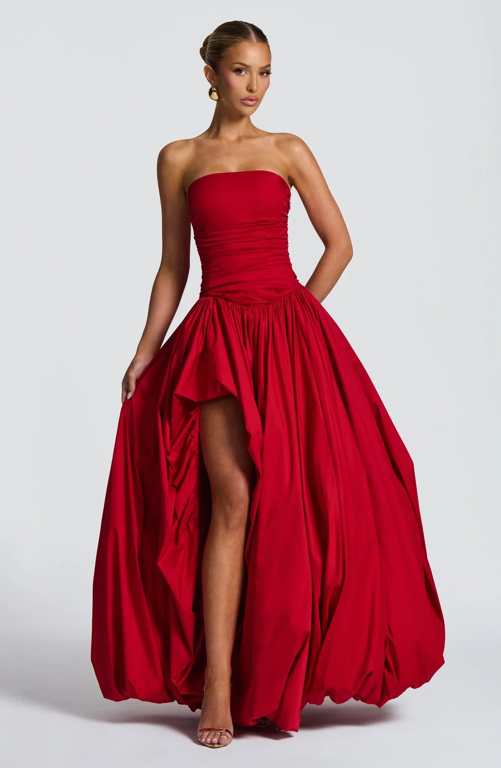 Strapless Ruched Bodice High Slit Bubble Balloon Skirt Red Poplin Maxi Wedding Guest Dresses