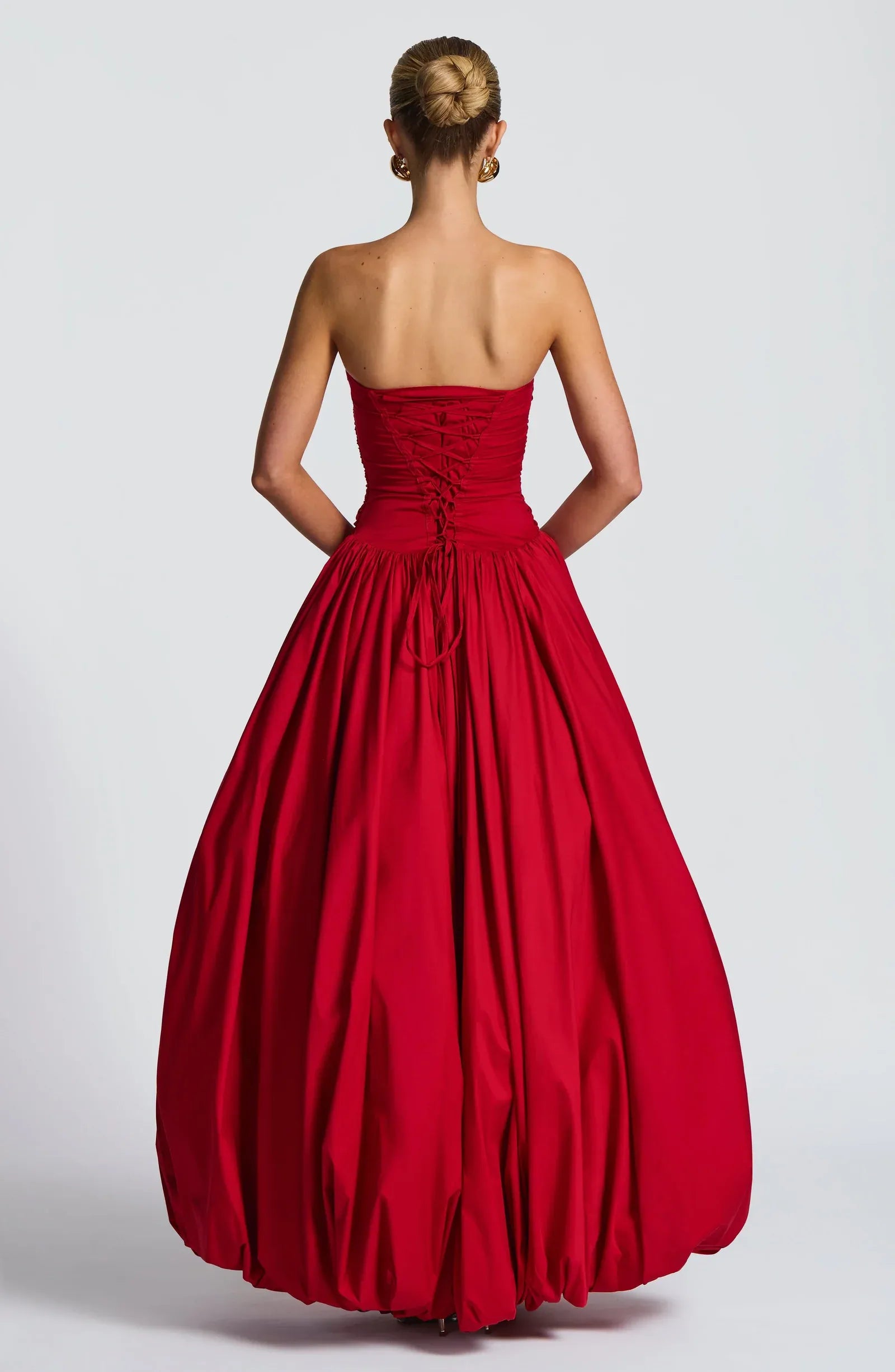 Strapless Ruched Bodice High Slit Bubble Balloon Skirt Red Poplin Maxi Wedding Guest Dresses