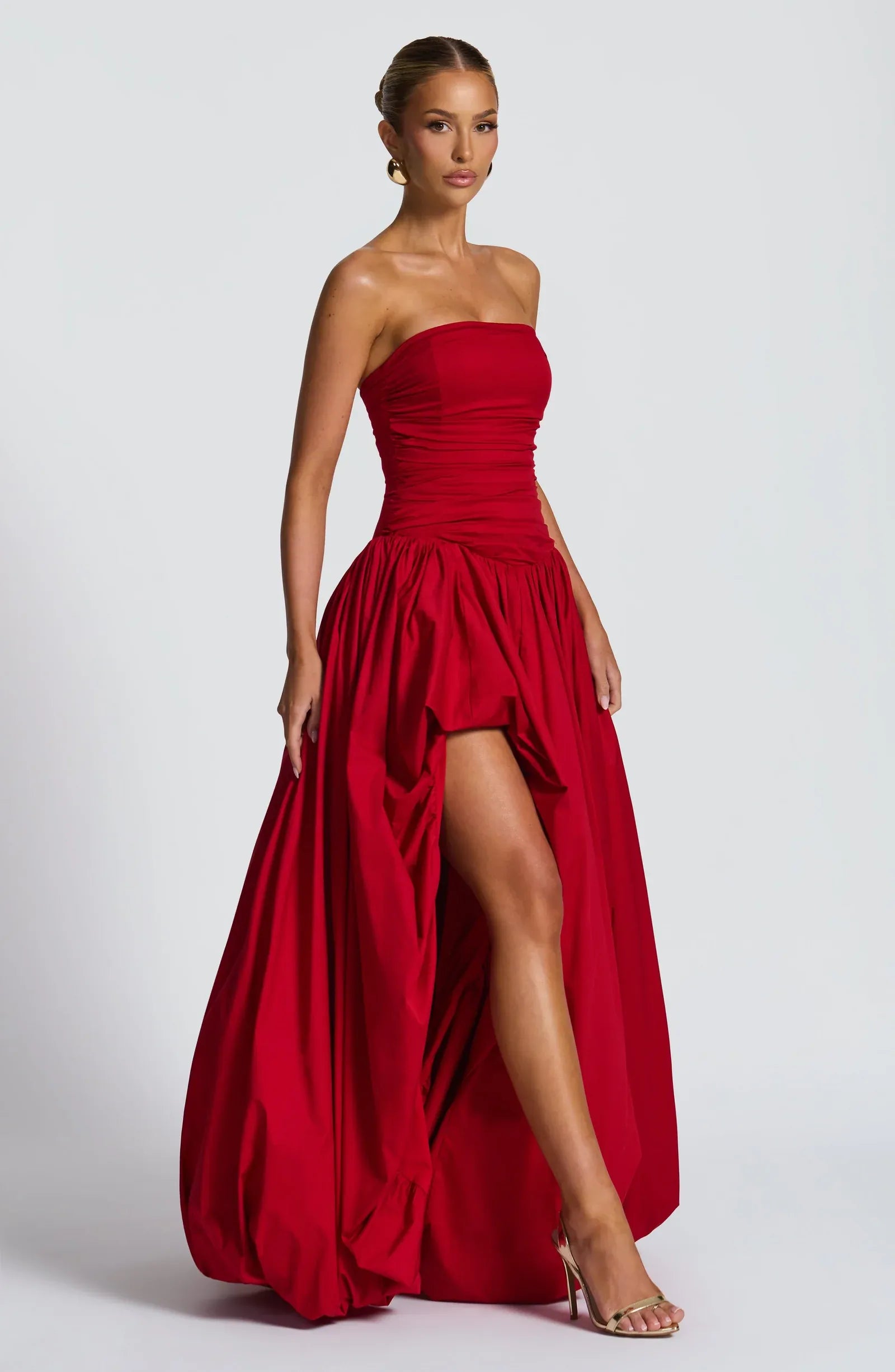 Strapless Ruched Bodice High Slit Bubble Balloon Skirt Red Poplin Maxi Wedding Guest Dresses
