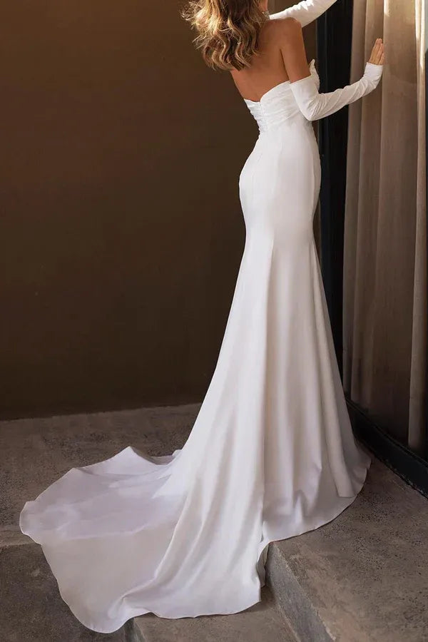 Strapless Ruched Satin Mermaid Wedding Dress With Detachable Long Sleeves & High Slit