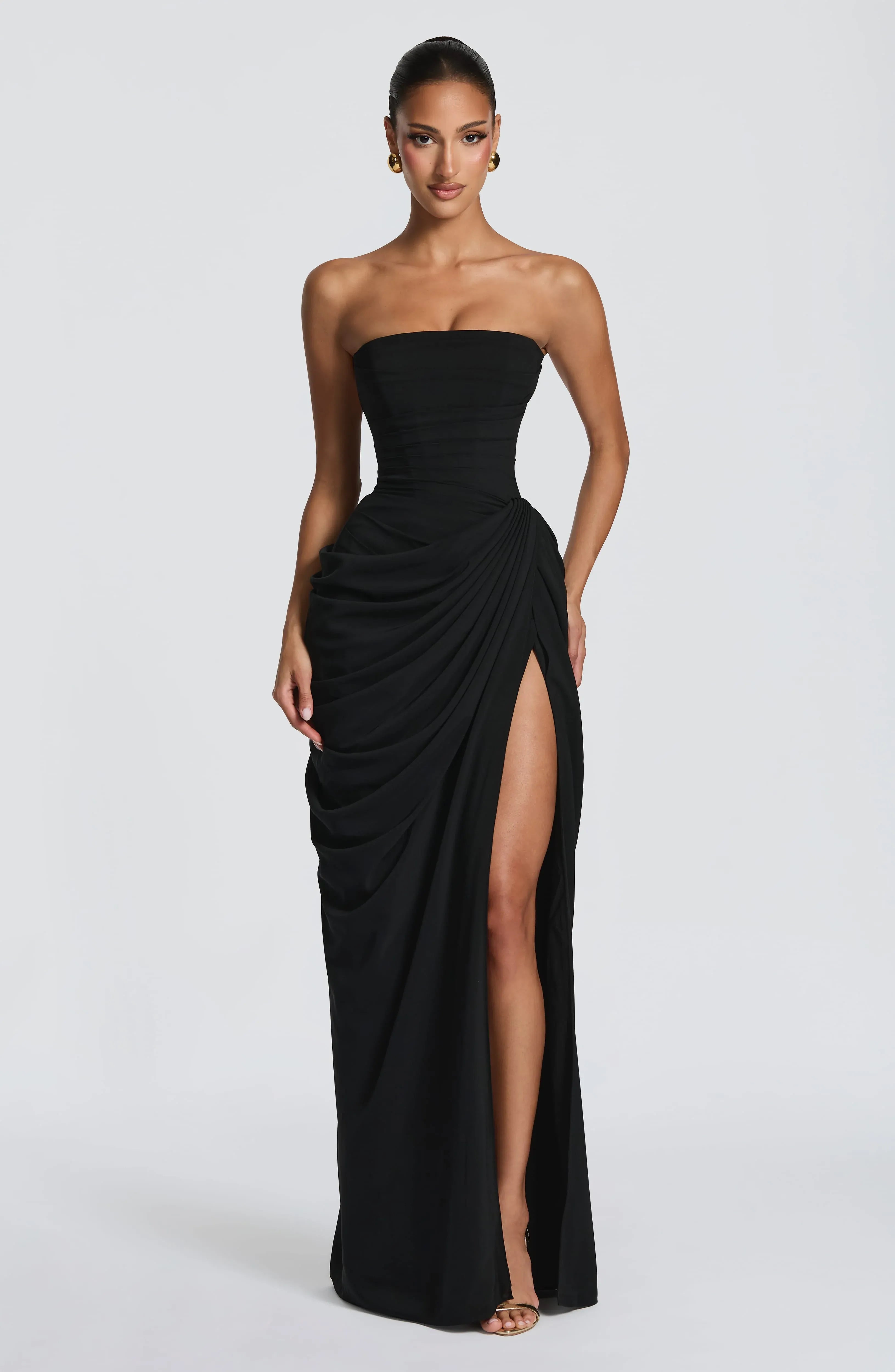 Strapless Ruched Side High Slit Corset Lace Up Back Plain Black Crepe Mermaid Maxi Wedding Guest Dresses