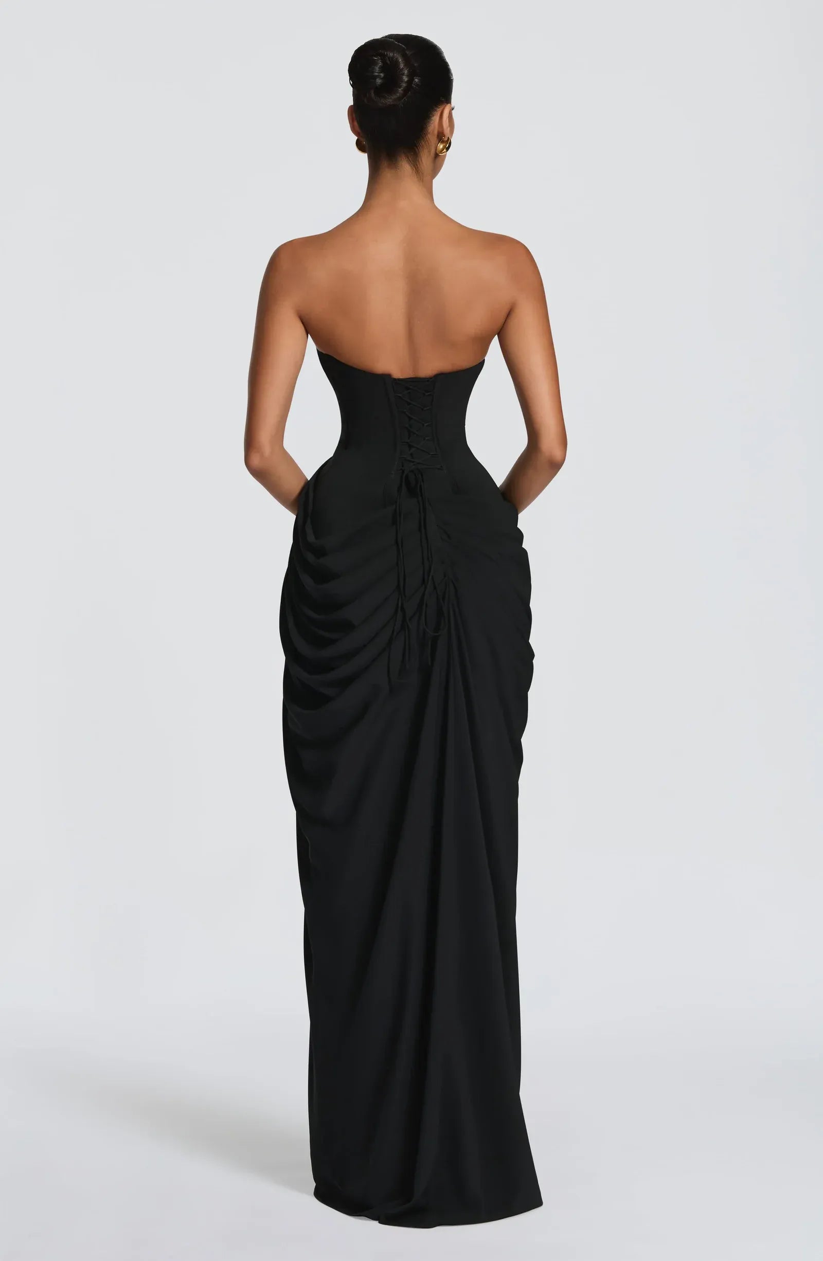 Strapless Ruched Side High Slit Corset Lace Up Back Plain Black Crepe Mermaid Maxi Wedding Guest Dresses
