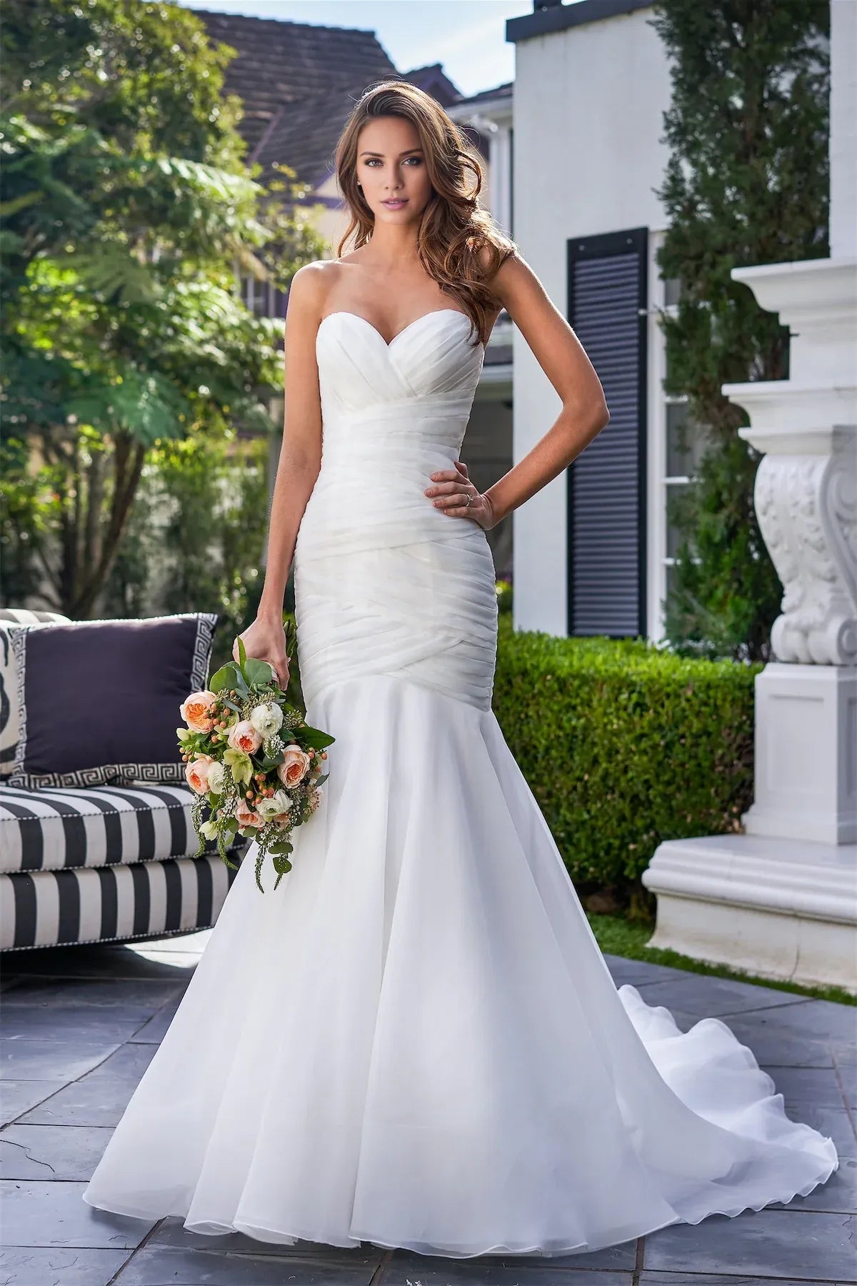 Strapless Ruched‑Sweetheart Chiffon Mermaid Wedding Dress With Low‑V‑Button‑Back Detail