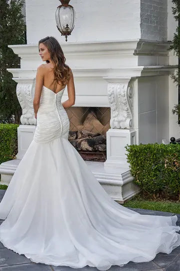 Strapless Ruched‑Sweetheart Chiffon Mermaid Wedding Dress With Low‑V‑Button‑Back Detail