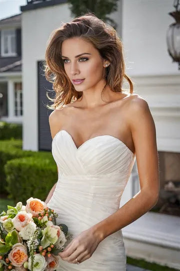 Strapless Ruched‑Sweetheart Chiffon Mermaid Wedding Dress With Low‑V‑Button‑Back Detail