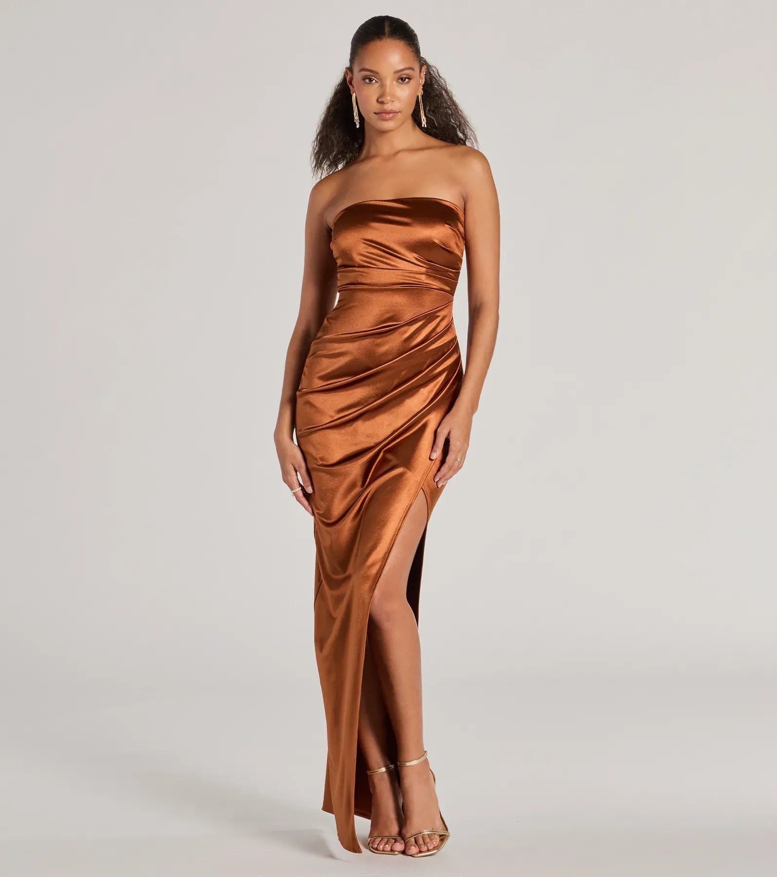 Strapless Ruched Tube Plain Back High Slit Terracotta Satin Mermaid Maxi Wedding Guest Dresses