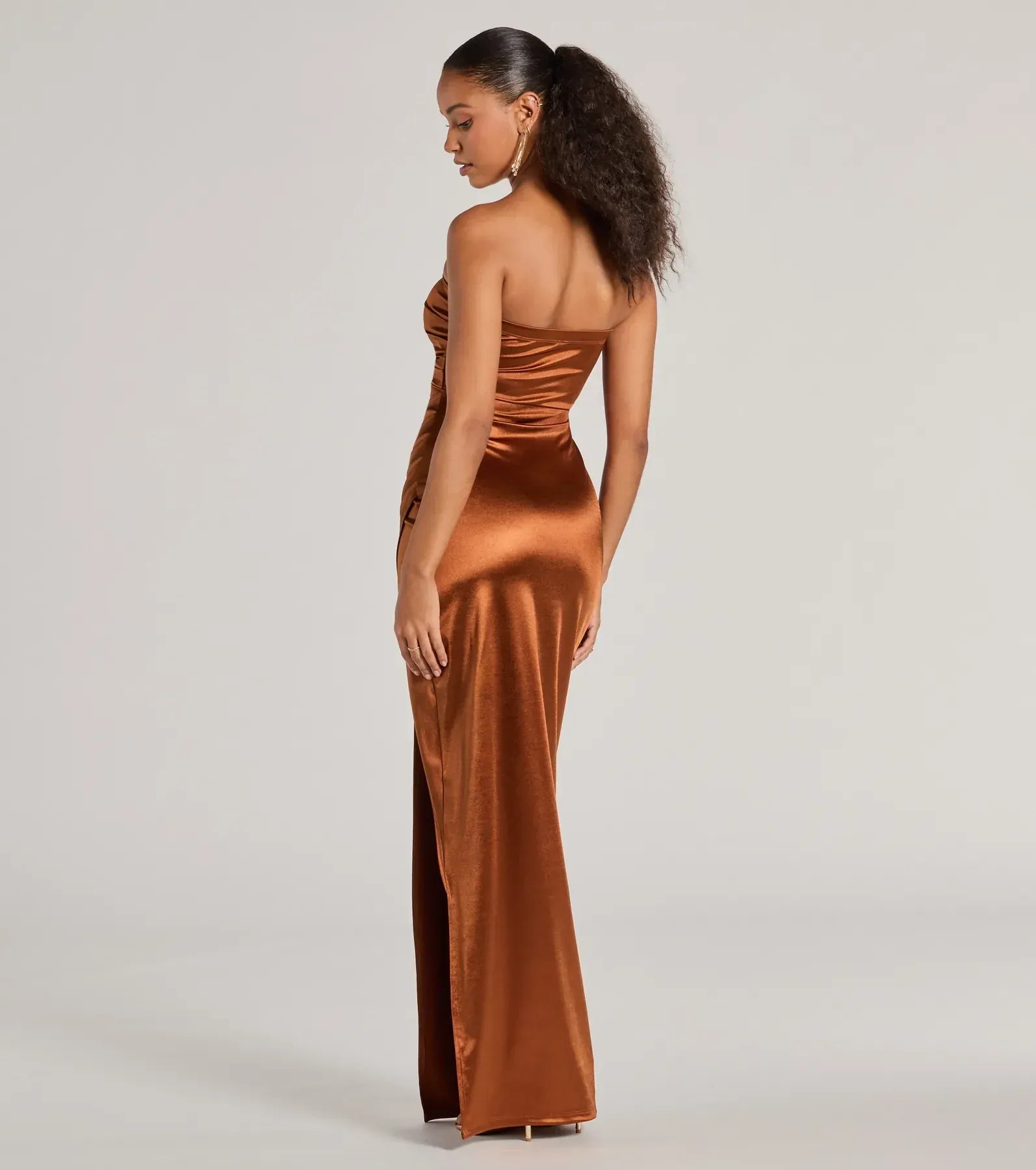 Strapless Ruched Tube Plain Back High Slit Terracotta Satin Mermaid Maxi Wedding Guest Dresses