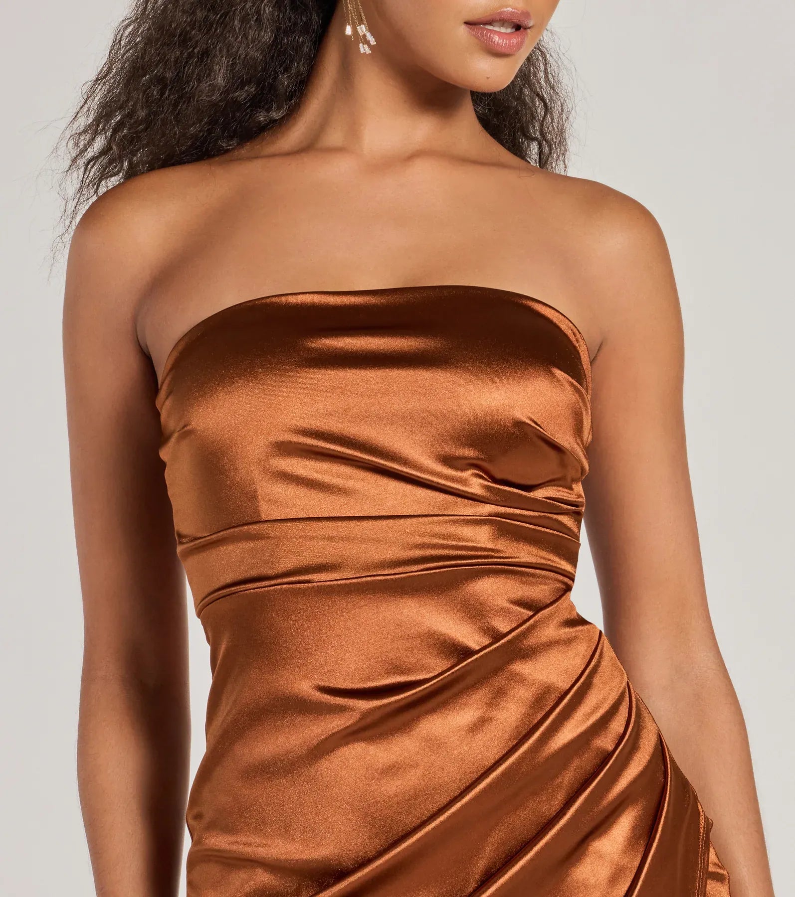 Strapless Ruched Tube Plain Back High Slit Terracotta Satin Mermaid Maxi Wedding Guest Dresses