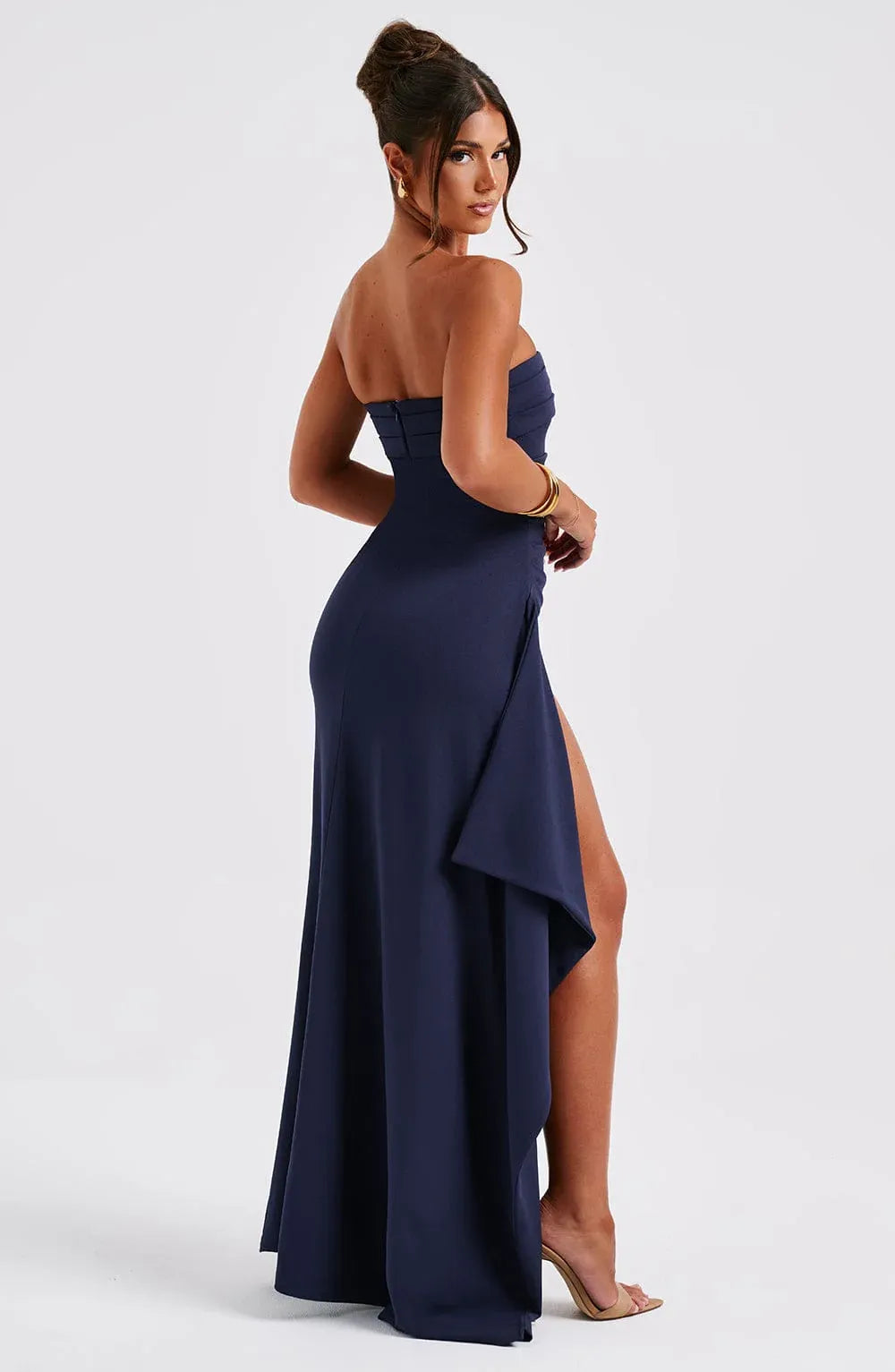 Strapless Ruched Waist High Slit Ruffle Navy Crepe Maxi Wedding Guest Dresses