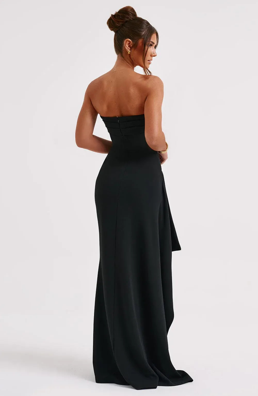 Strapless Ruched Waist Ruffle High Slit Black Crepe Mermaid Maxi Wedding Guest Dresses