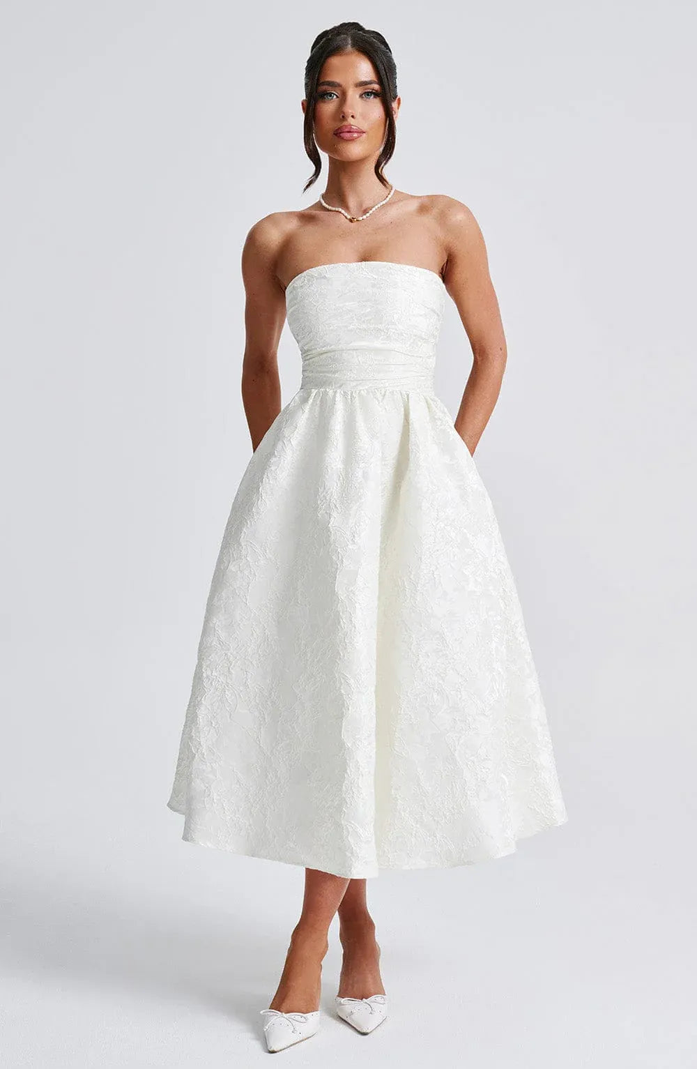 Strapless Ruched Waist Textured Floral Jacquard Midi White Wedding Guest Dresses