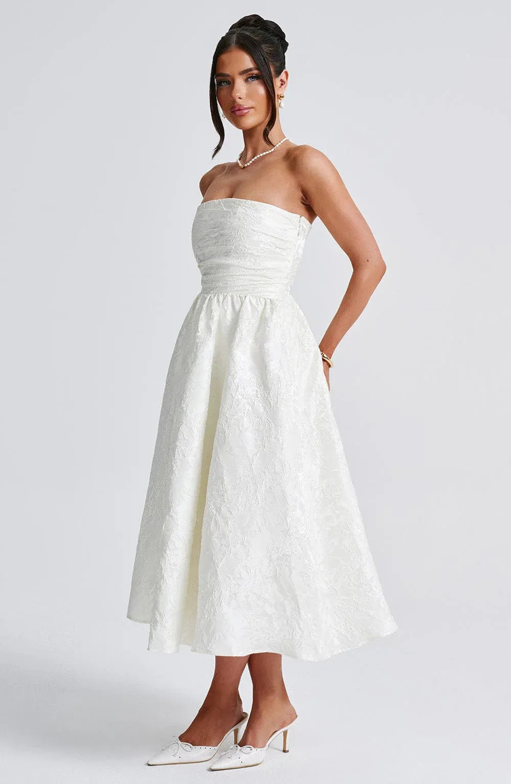 Strapless Ruched Waist Textured Floral Jacquard Midi White Wedding Guest Dresses