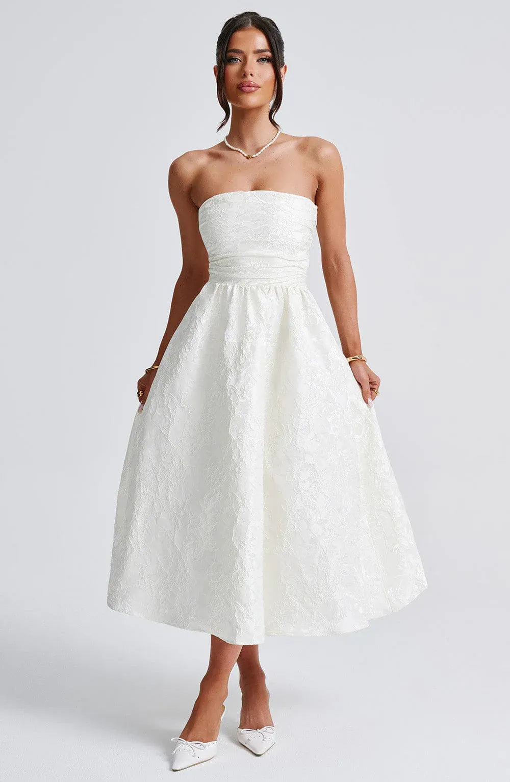 Strapless Ruched Waist Textured Floral Jacquard Midi White Wedding Guest Dresses