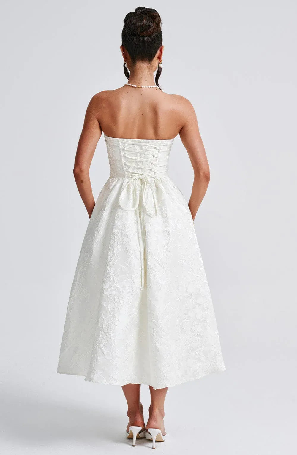 Strapless Ruched Waist Textured Floral Jacquard Midi White Wedding Guest Dresses