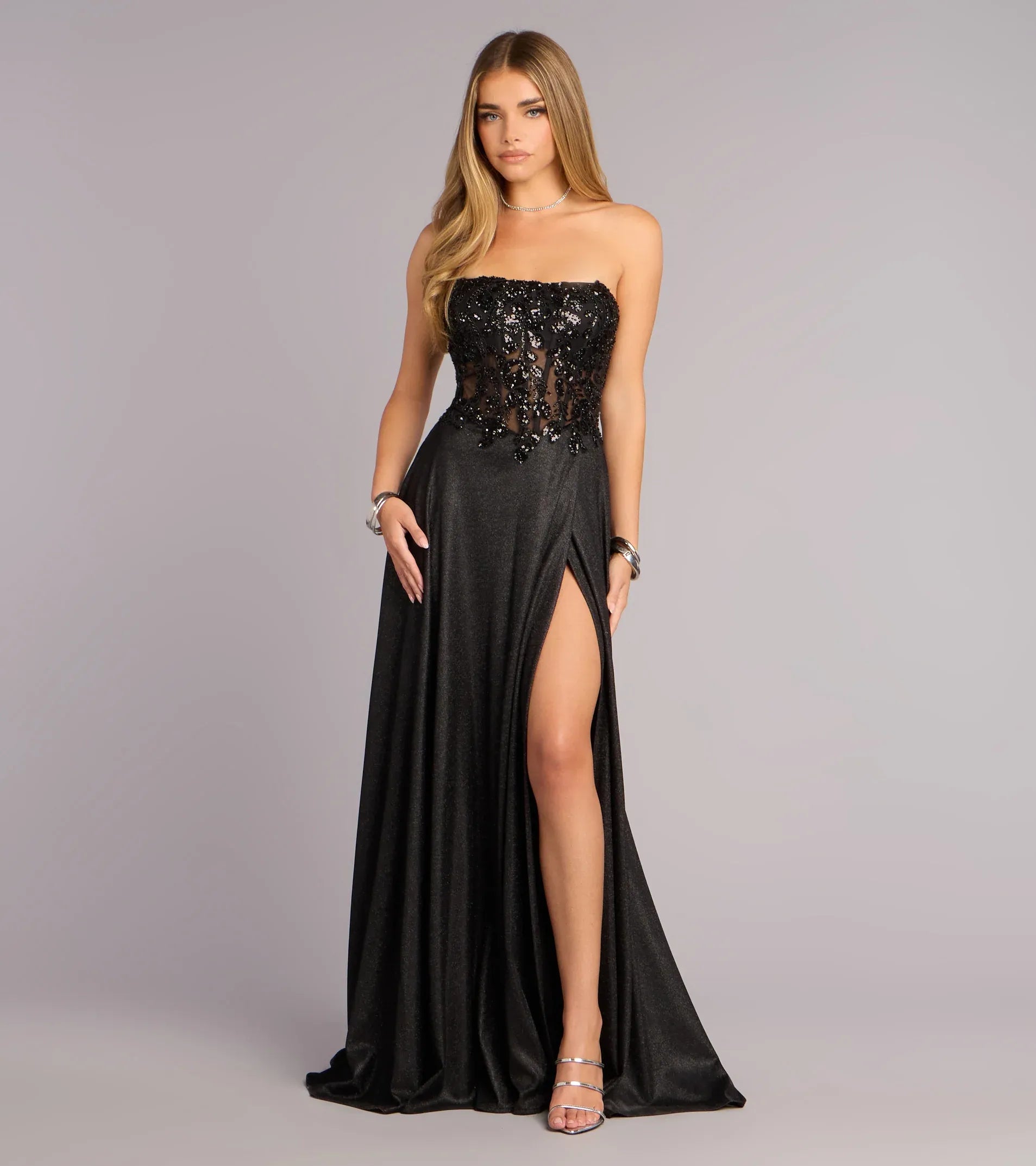 Strapless Sequin-Lace Corset Lace-Up-Back High-Slit Glitter A-Line Maxi Wedding Guest Dress